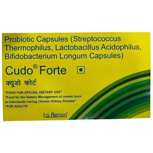 Cudo Forte Probiotic Capsule for Gut Health is a combination of probiotics used for treatment of chronic kidney disease (CKD). It lowers toxins and promotes a balanced gut microbiota. By supporting gut health, the medicine reduces the strain on the kidneys and prolongs the time before dialysis becomes necessary.DescriptionThis is a probiotic supplement that aids in reducing the accumulation of nitrogenous toxins within the body thereby promoting kidney health It is formulated with a blend of probiotics including Streptococcus thermophilus Lactobacillus acidophilus and Bifidobacterium longum These probiotics function by lessening the load of uremic toxins on the kidneys purifying urine by eliminating toxins such as urea and creatinine and enhancing colon permeability to facilitate the secretion of toxins. BenefitsIn Treatment of Chronic kidney diseaseIn patients with chronic kidney disease (CKD), Cudo Forte Probiotic Capsule for Gut Health helps delay the disease progression and reduces the need for dialysis. It promotes a healthier gut microbiota by lowering the levels of uremic toxins, which are harmful to kidney function, and reduces systemic inflammation. This way it helps patients in the early stages of CKD, those resistant to invasive renal replacement therapy (RRT), individuals who cannot afford RRT, and patients who are infrequent in their dialysis sessions. Cudo Forte Probiotic Capsule for Gut Health can serve as a non-invasive and cost-effective adjunct therapy, helping to maintain kidney function and enhance overall quality of life for CKD patients.