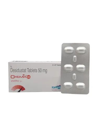 Oxemia 50mg Tablet is a medicine used in the treatment of anemia due to chronic kidney disease. It works by stimulating erythropoietin (a hormone secreted by the kidneys) leading to an increase in the production of red blood cells.DescriptionOxemia 50mg tablet is an erythropoiesis-stimulating agent that contains an active ingredient called Desidustat. It belongs to the medication class known as hypoxia-inducible factor-prolyl hydroxylase (HIF-PH) inhibitor. It is used to treat anemia in patients with chronic kidney disease. BenefitsIn Treatment of Anemia due to chronic kidney diseaseAnemia is a condition where your body does not have enough red blood cells to carry oxygen around your body. Chronic kidney disease (CKD) refers to the loss of normal kidney function over a long span of time. CKD progresses gradually over a few years but may become permanent if left untreated. CKD can lead to anemia. Oxemia 50mg Tablet can boost your levels of red blood cells and reduce the symptoms of anemia such as tiredness and weakness. Taking this medicine improves the quality of life.