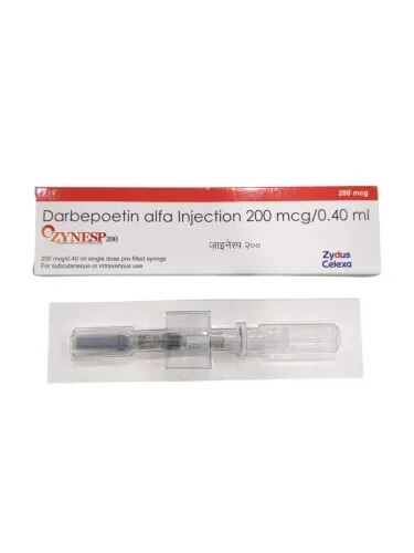 Zynesp 200mcg injectionZynesp 200mcg injection is used in the treatment of anemia that may have occurred due to chronic kidney disease or chemotherapy. It works by stimulating the bone marrow to produce more red blood cells.Weight/Quantity: 1 Prefilled SyringeStore in a refrigerator (2 - 8°C). Do not freeze.Zynesp 200mcg injection contains the active ingredient Darbepoetin Alfa. It is an antineoplastic drug that belongs to the class of medications called hematopoietic growth factors. It is used to treat anemia (lower than normal RBC) in people with chronic kidney disease. It is also indicated to treat anemia caused by chemotherapy in people with certain types of cancer. The symptoms of anemia are fatigue, weakness, and shortness of breath.