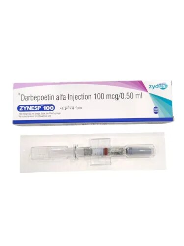 Zynesp 100mcg injection is used in the treatment of anemia that may have occurred due to chronic kidney disease or chemotherapy. It works by stimulating the bone marrow to produce more red blood cells.Weight/Quantity: 1 Prefilled syringeStore in a refrigerator (2 - 8°C). Do not freeze.Zynesp 100mcg injection contains the active ingredient Darbepoetin Alfa. It is an antineoplastic drug that belongs to the class of medications called hematopoietic growth factors. It is used to treat anemia (lower than normal RBC) in people with chronic kidney disease. It is also indicated to treat anemia caused by chemotherapy in people with certain types of cancer. The symptoms of anemia are fatigue, weakness, and shortness of breath.