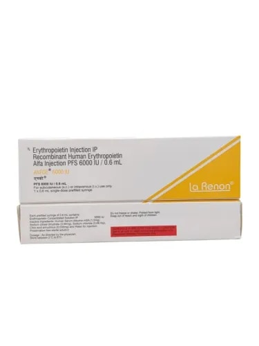Anfoe 6000IU Injection is a medicine used to treat anemia in people with chronic kidney disease and cancer patients undergoing chemotherapy. It stimulates the production of red blood cells in the body. Thus, helps increase the red blood cell levels in the body and alleviates anemia associated symptoms.Weight/Quantity: 1 Pre-filled SyringeShould be stored at room temperature, between 2°C to 8°CAnfoe 6000IU injection contains active components such as Recombinant human erythropoietin alfa/epoetin alfa. It is a medication that belongs to a class of drugs called erythropoiesis-stimulating agents (ESAs). This medication treats anemia caused by chronic kidney disease (CKD), cancer chemotherapy, or HIV infection treatment with zidovudine. It also reduces the need for red blood cell transfusions in patients at high risk for blood loss due to planned surgery or other procedures. Benefits*In Treatment of Anemia due to cancer chemotherapyAnemia is a condition where your body does not have enough red blood cells to carry oxygen around your body. Anfoe 6000IU Injection is a man-made protein that works by stimulating the bone marrow (soft tissue inside the bones) to produce more red blood cells. The natural human form of this protein may be reduced when you are having chemotherapy to treat some types of cancer. An injection of the medicine can reduce the need to have a blood transfusion. You may also be given iron supplements to make the treatment more effective.*In Treatment of Anemia due to chronic kidney diseaseAnfoe 6000IU Injection is a man-made protein that helps your bone marrow to produce more red blood cells. It is used to treat anemia which is caused by kidney disease in adults and children who are on dialysis. Anemia is a condition where your body does not have enough red blood cells to carry oxygen around your body. This medicine helps reduce weakness and tiredness that you may be experiencing due to anemia. The injection is usually given by a doctor after a dialysis treatment.