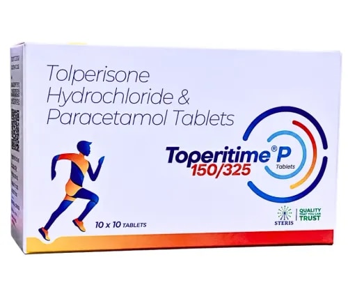 TOPERITIME P 150/325: Dual-Action Relief for Musculoskeletal Pain and SpasmsTOPERITIME P 150/325 is a prescription combination therapy formulated to treat acute musculoskeletal discomfort, muscle stiffness, and associated inflammatory pain. By uniting a centrally acting muscle relaxant with a proven analgesic, this film-coated tablet addresses both the neurological and physical aspects of muscle strain, restoring movement and facilitating recovery.Active IngredientsEach film-coated tablet contains:Tolperisone Hydrochloride (150 mg): A muscle relaxant targeting involuntary contractions within the central nervous system.Paracetamol (325 mg): A widely recognized analgesic and antipyretic agent that blocks pain signal transmission.Available in blister packaging and dispensed strictly under a licensed physician's order.Therapeutic MechanismPainful muscle conditions often create a feedback loop where localized pain triggers involuntary spasms, which in turn exacerbate the pain. TOPERITIME P 150/325 disrupts this cycle through a two-pronged mechanism:Neuromuscular Regulation: Tolperisone Hydrochloride acts on the spinal cord and brainstem reflexes to inhibit hyperactive nerve impulses driving muscle tension. Unlike traditional skeletal muscle relaxants, it achieves this with minimal central nervous system depression, significantly reducing the likelihood of heavy sedation.Nociceptive Blocking: Paracetamol inhibits prostaglandin synthesis within the central nervous system, raising the body's overall pain threshold and attenuating pain signals originating from injured tissues.By simultaneously relaxing tight muscle fibers and dampening pain sensation, the formulation provides comprehensive symptomatic relief.Clinical IndicationsHealthcare professionals may prescribe TOPERITIME P 150/325 for various acute and subacute conditions characterized by pain and hypertonia, including:Acute muscle spasms and athletic injuriesAcute or chronic lower back pain (lumbago)Cervical spine discomfort and stiff neckCervical and lumbar spondylosisFrozen shoulder (adhesive capsulitis)Post-operative or post-traumatic muscle recoveryGeneralized connective tissue or orthopedic painKey Clinical FeaturesBalanced Dual Action: Simultaneously targets involuntary contractions and pain sensation.Low-Sedation Profile: Tolperisone allows patients to maintain daily function without severe daytime drowsiness typical of older relaxants.Enhanced Mobility: Reduces joint and tissue stiffness, enabling better engagement in physical rehabilitation.Streamlined Regimen: Combines two therapeutic agents into a single convenient dosage form.Usage GuidelinesThis medication must be taken strictly in accordance with a medical prescription.Administration: Swallow the tablet whole with water. Do not crush, chew, or split the film-coated tablet.Timing: Take immediately after a meal to reduce potential gastrointestinal upset, unless directed otherwise by a doctor.Compliance: Complete the full course prescribed by your physician, and do not alter the recommended dosage.Potential Side EffectsWhile generally well-tolerated, some individuals may experience mild side effects, including:Gastrointestinal distress or mild nauseaTransient dizziness or lightheadednessHeadachesGeneral fatigue or muscular weaknessRare: Hypersensitivity reactions or cutaneous skin rashes (discontinue use and consult a physician immediately if severe symptoms appear).Safety Precautions and ConsiderationsConsult a medical practitioner prior to initiating treatment if any of the following apply:Pre-existing hepatic (liver) or renal (kidney) impairmentKnown hypersensitivity to Tolperisone, Paracetamol, or related compoundsPregnancy, plans for pregnancy, or active breastfeedingHistory of chronic alcohol dependency (due to increased liver sensitivity with Paracetamol)Concurrent use of other medications, particularly other products containing Paracetamol or central nervous system depressantsStorage and HandlingStore in a cool, dry area below 25°C (77°F).Protect from direct light, heat, and moisture.Keep strictly out of reach of children and pets.Check the packaging expiration date before administration.Frequently Asked QuestionsWhat primary conditions does TOPERITIME P 150/325 treat?It is indicated for short-term relief from acute musculoskeletal pain, muscle spasms, neck strains, backaches, and related orthopedic disorders.Why is Tolperisone combined with Paracetamol?Tolperisone eases muscle tightness at the neurological level, while Paracetamol lowers overall pain perception, creating a synergistic effect that addresses both spasm and pain together.Will this medication cause severe drowsiness?Tolperisone is specifically designed to exert less sedating activity compared to older muscle relaxants. However, individual sensitivity varies, so caution is advised when driving or operating machinery until individual tolerance is established.Is TOPERITIME P 150/325 available over the counter?No. It requires a valid medical prescription and direct supervision by a registered healthcare professional.