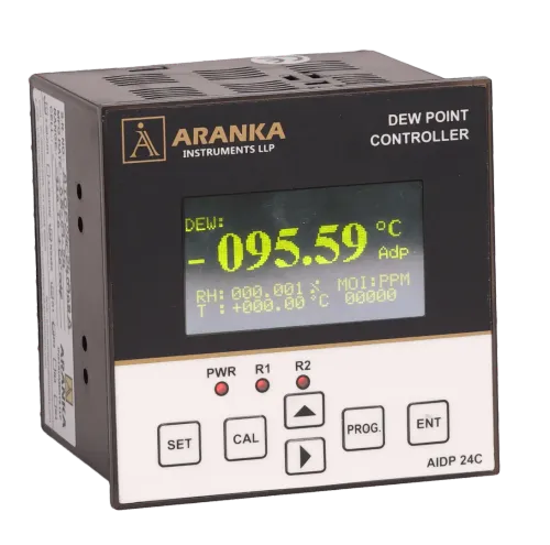 Model Name/Number	AIDP-18CUsage/Application	IndustrialBrand	ARANKA INSTRUMENTS LLPMeasuring Range	-70~60'CWarranty	1 YearOperating Temperature	0-60 Degree CelsiusAccuracy	+/- 3% FSDPower	90~260VAC @ 50HzMax Resolution	0.1'CDisplay Type	LCDSize/Dimension	96X96X85 mmDigital Output	Relay 1 nos. 5A 1COCommunication Output	RS 485 Modbus [Optional]Analog Output	4~20mANew microprocessor-based family based DEW point Controller with Sensor designed for a wide variety of compressed air dryers, plastic dryers, additive manufacturing and other OEM applications. The AIDP18C is Dew Point Controller with Output Of 4`20mA & RS 485 [Option].Additional Information:Delivery Time: 2-3 Weeks