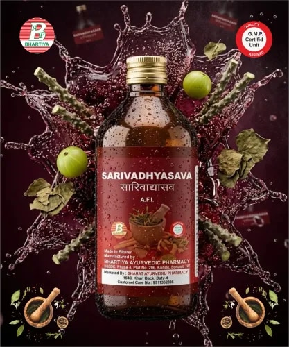 SARIVADYASAVA Product IdentificationGeneric Name: SarivadyasavaType: Ayurvedic Polyherbal Fermented Formulation (Asava)Primary Indication Area: Skin disorders, blood purification, urinary disorders, burning sensation, Pitta imbalance, and chronic inflammatory conditions.Therapeutic Indications• Kushta (skin disorders)• Twak vikara (chronic skin diseases)• Raktadushti (vitiated blood)• Daha (burning sensation)• Mutrakrichra (difficulty in urination)• Mutravaha disorders (urinary tract disorders)• Pittaja disorders• Chronic inflammatory conditions• Pruritus (itching)• Acne and recurrent skin eruptions• General weakness associated with chronic skin diseasesKey Benefits• Supports healthy blood purification (Rakta Shodhana)• Helps maintain healthy skin and complexion• Reduces burning sensation and excess Pitta• Supports urinary tract health• Promotes natural detoxification• Helps reduce itching and inflammatory skin conditions• Supports immunity and tissue nourishment• Acts as a cooling rejuvenative tonicFORMULA1. SarivaBotanical Name: Hemidesmus indicusRasa: Madhura, TiktaGuna: Guru, Snigdha Virya: SheetaVipaka: MadhuraMechanism of Action:• Excellent blood purifier (Rakta Shodhaka)• Reduces Pitta and burning sensation• Supports healthy skin• Acts as a cooling rejuvenative2. MustaBotanical Name: Cyperus rotundusRasa: Tikta, Katu, KashayaGuna: Laghu, RukshaVirya: Sheeta Vipaka: KatuMechanism of Action:• Improves digestion and metabolism• Reduces Ama accumulation• Supports urinary health• Helps reduce inflammation3. LodhraBotanical Name: Symplocos racemosaRasa: Kashaya Guna: Laghu, Ruksha Virya: Sheeta Vipaka: KatuMechanism of Action:• Supports healthy skin tissues• Reduces inflammation and discharge• Helps purify blood• Promotes wound healing4. NyagrodhaBotanical Name: Ficus benghalensisRasa: Kashaya Guna: Guru, RukshaVirya: Sheeta Vipaka: KatuMechanism of Action:• Supports tissue healing• Helps reduce excessive Pitta• Promotes healthy skin• Supports blood purification5. AsvathaBotanical Name: Ficus religiosaRasa: KashayaGuna: Guru, RukshaVirya: SheetaVipaka: KatuMechanism of Action:• Supports wound healing• Helps reduce inflammation• Promotes healthy blood circulation• Supports skin health6. SatiBotanical Name: Hedychium spicatumRasa: Katu, Tikta Guna: Laghu, TikshnaVirya: UshnaVipaka: KatuMechanism of Action:• Improves digestion• Reduces Ama formation• Supports respiratory and metabolic balance• Enhances bioavailability of herbs7. Sveta SarivaBotanical Name: Ichnocarpus frutescensRasa: Madhura, Tikta Guna: Guru, SnigdhaVirya: Sheeta Vipaka: MadhuraMechanism of Action:• Supports blood purification• Reduces burning sensation• Promotes healthy skin• Acts as a cooling tonic8. PadmakaBotanical Name: Prunus cerasoidesRasa: Kashaya, Tikta Guna: Laghu, Ruksha Virya: Sheeta Vipaka: KatuMechanism of Action:• Supports healthy complexion• Helps reduce Pitta disorders• Promotes skin nourishment• Acts as an antioxidant9. BalaBotanical Name: Sida cordifoliaRasa: MadhuraGuna: Guru, SnigdhaVirya: Sheeta Vipaka: MadhuraMechanism of Action:• Strengthens body tissues• Supports recovery in chronic illness• Acts as a rejuvenative• Helps maintain vitality10. PathaBotanical Name: Cissampelos pareiraRasa: Tikta, Kashaya Guna: Laghu, RukshaVirya: UshnaVipaka: KatuMechanism of Action:• Supports urinary health• Reduces inflammation• Helps detoxification• Supports healthy digestion11. AmalakiBotanical Name: Phyllanthus emblicaRasa: Pancha Rasa (predominantly Amla)Guna: Laghu, Ruksha Virya: Sheeta Vipaka: MadhuraMechanism of Action:• Strong antioxidant and rejuvenative• Supports immunity• Helps purify blood• Supports healthy skin12. GuduchiBotanical Name: Tinospora cordifoliaRasa: Tikta, Kashaya Guna: Laghu, Snigdha Virya: UshnaVipaka: MadhuraMechanism of Action:• Supports immune function• Helps detoxification• Reduces inflammation• Promotes liver health13. UsiraBotanical Name: Vetiveria zizanioidesRasa: Tikta, Madhura Guna: Laghu, RukshaVirya: SheetaVipaka: KatuMechanism of Action:• Cooling and refreshing herb• Reduces burning sensation• Supports urinary health• Promotes blood purification14. Sveta ChandanaBotanical Name: Santalum albumRasa: Tikta, MadhuraGuna: Laghu, RukshaVirya: SheetaVipaka: KatuMechanism of Action:• Reduces heat and burning sensation• Supports urinary comfort• Promotes healthy skin• Acts as a cooling tonic15. Rakta ChandanaBotanical Name: Pterocarpus santalinusRasa: Tikta, KashayaGuna: Laghu, RukshaVirya: SheetaVipaka: KatuMechanism of Action:• Supports blood purification• Helps reduce inflammation• Promotes skin health• Reduces excess Pitta16. YavaniBotanical Name: Trachyspermum ammiRasa: Katu Guna: Laghu, Ruksha, TikshnaVirya: UshnaVipaka: KatuMechanism of Action:• Improves digestion• Reduces gas and bloating• Supports metabolism• Helps digest Ama17. KutakiBotanical Name: Picrorhiza kurroaRasa: TiktaGuna: Laghu, RukshaVirya: Sheeta Vipaka: KatuMechanism of Action:• Supports liver function• Promotes detoxification• Improves digestion• Helps purify blood18. TejpatraBotanical Name: Cinnamomum tamalaRasa: Katu, Tikta Guna: Laghu, Ruksha Virya: Ushna Vipaka: KatuMechanism of Action:• Supports digestion and metabolism• Reduces gas and heaviness• Improves Agni• Helps digest Ama19. SthuilailaBotanical Name: Amomum subulatumRasa: Tikta, KatuGuna: Laghu, TikshnaVirya: UshnaVipaka: KatuMechanism of Action:• Supports digestion• Reduces inflammation• Helps detoxification• Supports skin health20. SwernpatriBotanical Name: Cassia angustifoliaRasa: Tikta, KashayaGuna: Laghu, RukshaVirya: UshnaVipaka: KatuMechanism of Action:• Mild natural laxative• Supports bowel cleansing• Helps eliminate toxins• Promotes detoxification21. HaritakiBotanical Name: Terminalia chebulaRasa: Pancha Rasa (except Lavana)Guna: Laghu, RukshaVirya: UshnaVipaka: MadhuraMechanism of Action:• Mild laxative and detoxifier• Supports bowel cleansing• Improves digestion• Promotes elimination of toxins22. GudaBotanical Name: JaggeryRasa: MadhuraGuna: Guru, Snigdha Virya: Ushna Vipaka: MadhuraMechanism of Action:• Fermentation base• Provides energy substrate• Improves formulation stability• Enhances palatability23. DhatakiBotanical Name: Woodfordia fruticosaRasa: KashayaGuna: Laghu, RukshaVirya: Ushna Vipaka: KatuMechanism of Action:• Natural fermentation catalyst• Enhances extraction of phytochemicals• Improves bioavailability• Supports preservation of formulation24. DrakshaBotanical Name: Vitis viniferaRasa: Madhura Guna: Guru, Snigdha Virya: Sheeta Vipaka: MadhuraMechanism of Action:• Nourishes body tissues• Provides antioxidant support• Helps reduce burning sensation• Acts as a rejuvenative tonicDosageAdults:• 15–30 mL• Twice daily after meals• Dilute with equal quantity of waterCommon Usage Guidance• Traditionally used in skin and blood disorders• Supports blood purification and healthy complexion• Helps reduce burning sensation and Pitta imbalance• Supports urinary health and detoxification• Usually prescribed for 4–8 weeks under Ayurvedic supervision• Best taken after foodImportant Notes• Contains naturally fermented alcohol• Use cautiously in diabetes mellitus• Should be taken under Ayurvedic supervision• Avoid self-medication in severe systemic illness• Store in a cool, dry place• Keep tightly closed after use• Keep out of reach of childrensarivadyasava uses in hindi, sarivadyasava uses, sarivadyasava syrupsarivadyasava benefits in hindi, sarivadyasava syrup side effectssarivadyasava syrup uses, sarivadyasava ingredients, sarivadyasava benefitssarivadyasava in hindi, sarivadyasava ayurvedic medicine, sarivadyasava ayurvedicsarivadyasava ayurvedic medicine uses in hindi, sarivadyasava amazonsarivadyasava easy ayurveda, sarivadyasava composition, sarivadyasava dosagesarivadyasava dabur uses, divya sarivadyasava, sarivadyasava uses in englishsarivadyasava for skin in hindi, sarivadyasava for skin, sarivadyasava uses for skinsarivadyasava ke fayde, sarivadyasava used for, sarivadyasava hindisarivadyasava how to take, sarivadyasava how to use, sarivadyasava uses hindisarivadyasava syrup hindi, sarivadyasava syrup uses hindi, sarivadyasava ingredients in hindisarivadyasava indication, sarivadyasava in pregnancy, sarivadyasava uses in ayurvedabaidyanath sarivadyasava ingredients, sarivadyasava jiva ayurvedasarivadyasava kaise use kare, sarivadyasava kadha uses, sarivadyasava kis kaam aati haikerala ayurveda sarivadyasava, sarivadyasava kashayam, sarivadyasava medicineuse of sarivadyasava in hindi, ingredients of sarivadyasava, use of sarivadyasava syrupsarivadyasava price, sarivadyasava syrup price, sarivadyasava reviewsarivadyasava syrup benefits, sarivadyasava syrup benefits in hindisarivadyasava tablet, sarivadyasava tablet uses in hindisarivadyasava taste, how to take sarivadyasava, how to use sarivadyasava syruphow to use sarivadyasava, sarivadyasava syrup uses in hindi, what is sarivadyasava used for
