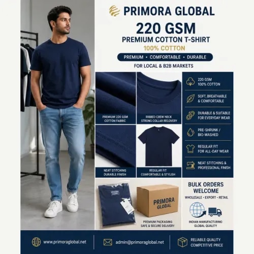 Primora Global 220 GSM Premium Cotton T-Shirt premium Blue 100% cotton product image