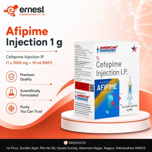 Afipime Injection 1 gAfipime 1g Injection contains Cefepime Injection IP (1 x 1000 mg + 10 ml SWFI), a broad-spectrum antibiotic widely used for the treatment of various bacterial infections such as pneumonia, urinary tract infections (UTIs), skin infections, and intra-abdominal infections. This injection works by stopping the growth of bacteria, thereby helping the body fight against infections effectively. Buy Afipime 1g Injection online or order Afipime 1g Injection in bulk from a trusted supplier for assured quality and timely delivery. Dosage Afipime 1g Injection should be administered intravenously or intramuscularly, strictly as prescribed by your doctor. The dosage may vary depending onProduct DescriptionAfipime 1g Injection contains Cefepime Injection IP (1 x 1000 mg + 10 ml SWFI), a broad-spectrum antibiotic widely used for the treatment of various bacterial infections such as pneumonia, urinary tract infections (UTIs), skin infections, and intra-abdominal infections. This injection works by stopping the growth of bacteria, thereby helping the body fight against infections effectively. Buy Afipime 1g Injection online or order Afipime 1g Injection in bulk from a trusted supplier for assured quality and timely delivery.DosageAfipime 1g Injection should be administered intravenously or intramuscularly, strictly as prescribed by your doctor. The dosage may vary depending on the severity of infection, patient’s age, weight, and overall health condition. For exact dosing instructions and safe usage, always consult your doctor before you buy Afipime 1g Injection online.PrecautionsDriving: Usually safe, but avoid driving if you feel dizzy or unwell.Alcohol: Avoid alcohol during the course of treatment.Kidney: Dose adjustment may be required in patients with kidney problems.Pregnancy/Breastfeeding: Use only under medical supervision.Liver: Inform your doctor if you have any liver-related concerns before starting the medication.Side EffectsSome common side effects of Afipime 1g Injection may include:DiarrheaHeadacheNausea or vomitingRash or itchingPain or swelling at the injection siteSeek immediate medical attention if you experience severe allergic reactions or unusual symptoms.WarningDo not self-administer this medicine. Afipime 1g Injection should always be given by a qualified healthcare professional. Misuse or overuse can lead to antibiotic resistance or other serious complications. Always follow your doctor’s guidance when you buy Afipime 1g Injection online or order Afipime 1g Injection in bulk.FAQWhat is Afipime 1g Injection used for?Afipime 1g Injection is used to treat a wide range of bacterial infections, including pneumonia, UTIs, and skin infections.Can I use Afipime 1g Injection without a prescription?No, it should only be used under medical supervision.How should I store Afipime 1g Injection?Store in a cool and dry place, away from direct sunlight. Keep out of reach of children.Is Afipime 1g Injection safe for children?Yes, but only under a doctor’s recommendation with proper dosing adjustments. Buy Afipime 1g Injection online from us today. We are a bulk supplier of Afipime 1g Injection and also a reliable third party exporter of Afipime 1g Injection. You can directly order Afipime 1g Injection in bulk or contact us for more information.