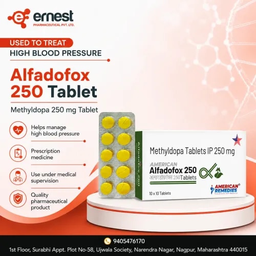 Alfadofox 250Alfadofox 250 tablets are to treat high blood pressure (hypertension) under expert supervision. Alfadofox 250 mg for high BP is highly recommended by doctors to lower elevated blood pressure while preventing any kind of stroke or heart attack in the future due to this. It is also administered to women who have high blood pressure during pregnancy. Before administering this tablet, it is necessary to check the blood pressure. Dosage Alfadofox 250 tablet is administered as directed by the doctor. It is meant to be taken whole without breaking or dissolving. Alfadofox 250 mg for high BP can be takenProduct DescriptionAlfadofox 250 tablets are to treat high blood pressure (hypertension) under expert supervision. Alfadofox 250 mg for high BP is highly recommended by doctors to lower elevated blood pressure while preventing any kind of stroke or heart attack in the future due to this. It is also administered to women who have high blood pressure during pregnancy. Before administering this tablet, it is necessary to check the blood pressure.DosageAlfadofox 250 tablet is administered as directed by the doctor. It is meant to be taken whole without breaking or dissolving. Alfadofox 250 mg for high BP can be taken with or without food, but it’s great to consume during the fixed time of the day. Avoid exceeding the dosage.PrecautionsAlcohol: It is necessary to be cautious while taking Alfadofox 250 Tablet with alcohol. Ensure to consult your doctor to know how it can affect you.Pregnancy or Breastfeeding: It can be safe to consume if it is prescribed by the doctor.Diving: Alfadofox 250 Tablet is not safe to consume while driving, as it can hinder the ability to stay alert and drive. The Methyldopa salt composition can make you feel drowsy.Kidney: Alfadofox 250 Tablet should be cautiously administered in patients with kidney problems. Ensure to consult the doctor if you are dealing with any existing kidney disease.Liver: Alfadofox 250 Tablet is not considered safe to consume among those who have liver disease. Ensure you avoid taking this tablet or consult the doctor.Side EffectsMost side effects do not require any medical attention and may disappear as your body adjusts to the medicine. If the condition still persists, be sure to consult your doctor. Some common side effects are:DizzinessFatigueDryness in mouthHeadacheWarningAlfadofox 250 Tablet can lead to lightheadedness and dizziness; hence, it is highly recommended to avoid activities that involve alertness and focus, such as driving and operating machinery. While administering Alfadofox 250 mg for high BP, the doctor can monitor the functioning of the liver as well. It is necessary to reach out to the doctor if you are already suffering from yellowing of skin or whitening of eyes, vomiting, abdominal pain, or nausea.FAQHow does Alfadofox 250 work?Alfadofox 250 Tablet dissolves in the body to reduce the rhythm of the heart. It is an alpha-2 agonist that works by elevating blood vessels, which causes the heart to pump efficiently.What if I miss the dosage?Alfadofox 250 mg for high BP is meant to be taken at the fixed time of the day or as directed by the doctor. Avoid overdosing on this medicine. In case of a missed dosage, take it as immediately as possible.We are the Methyldopa tablets third party manufacturer and bulk exporter of Methyldopa tablets. For more information, contact us today!