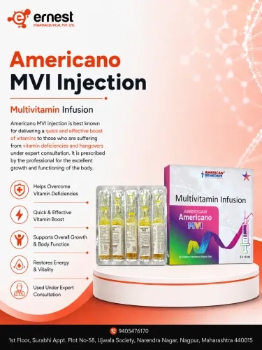 Product DescriptionAmericano MVI injection is best known for delivering a quick and effective boost of vitamins to those who are suffering from vitamin deficiencies and hangovers under expert consultation. It is prescribed by the professional for the excellent growth and functioning of the body. Americano MVI is recommended by many healthcare professionals to be used as a multivitamin injection for hangover, helping the body replenish key nutrients lost through alcohol consumption or physical stress. It is formulated with a blend of multivitamins usually prescribed to treat vitamin and other nutritional deficiencies. This multivitamin injection for hangover is administered under the doctor’s supervision. Hence, avoid administering this injection on your own.DosageAmericano MVI Injection is strictly administered under medical assistance and the dosage depends on each individual’s requirement and treatment plan.PrecautionsAmericano MVI can be safely administered under the medical assistance of professionals. Ensure to use this medicine under expert supervision only. Let your doctor know if you are already suffering from any health issues or taking any medication. During pregnancy, Americano MVI is not considered safe, as it can have harmful effects on the foetus. Side EffectsThere are no common side effects brought to notice yet while using this multivitamin injection for hangover. Some of the minor side effects tend to resolve on their own.WarningYou might experience swelling, redness, or pain at the site where you’ve been administered this injection. Usually, these symptoms tend to go away with time, but if they persist for long, consult the doctor.FAQWhat are the benefits of Americano MVI Injection?This multivitamin injection has the potency to treat several nutritional deficiencies in the body. It works great for a healthy heart, skin, bones, cell growth and overall immune system. For more details, you can consult your doctor.Can Americano MVI Injection Safe?Americano MVI Injection under medical supervision is generally safe. If should not be combined with any other medicine without professional knowledge. To ensure further safety, discuss all your medical history and other concerns.We are the MVI bulk supplier and MVI third-party manufacturer; you can contact us to place direct orders here for Americano MVI supplier. To get more information on MVI third-party manufacturer or multivitamin injection for hangover, connect with us today!