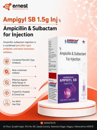 Ampicillin-sulbactam injection is a combined penicillin-type antibiotic and beta-lactamase inhibitor. It treats severe bacterial infections of the skin, abdomen, and female reproductive organs by stopping bacterial growth and preventing resistance. It is administered via injection into a vein or muscle by a healthcare professional.Uses and How -  It WorksBacterial target: Fights strains of bacteria that produce beta-lactamase enzymes which normally destroy standard penicillins.Infections treated: Skin structure, intra-abdominal, and gynecological bacterial infections.Ineffective against: Viral illnesses like colds or flu.Dosage and AdministrationAdult dose: Typically 1.5 g to 3 g total combined content given every 6 hours.Maximum limit: Sulbactam component must not exceed 4 grams per day.Route: Delivered via slow intravenous (IV) infusion or deep intramuscular (IM) injection.Side Effects and RisksCommon issues: Diarrhea, nausea, vomiting, and pain or redness at the injection site.Severe reactions: Severe watery diarrhea, allergic reactions (hives, breathing trouble, swelling), and potential liver injury.
