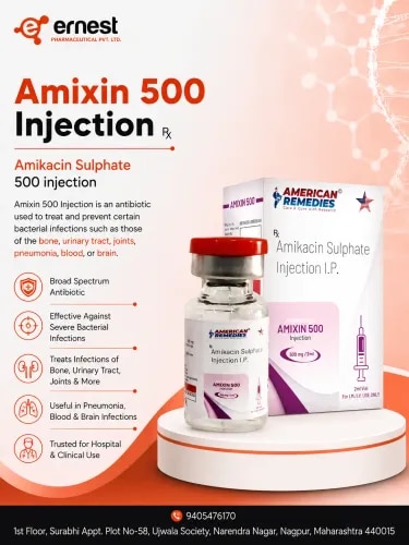 Product DescriptionAmixin 500 Injection is an antibiotic used to treat and prevent certain bacterial infections such as those of the bone, urinary tract, joints, pneumonia, blood, or brain. Amikacin 500 injection is given intravenously in the vein or muscle to cease the growth of bacterial infection. The administration of the Amixin 500 injection for export is done under expert supervision. Buy Amikacin 500 injections and administer them at equal intervals as prescribed by your healthcare expert. Amixin is strictly given under medical supervision; hence, avoid taking it on your own. DosageAmixin 500 injection is administered by a doctor. Amixin 500 injection for export contains 2 ml of solution in each glass vial. For further details regarding buying amikacin injections and dosage, be sure to consult your healthcare expert. PrecautionsDriving: It might not be safe to drive after Amixin, as it could hinder alertness and vision.Alcohol: Ensure to consult your doctor to understand if this medicine would be safe under the influence of alcohol.Kidney: Administer Amikacin 500 injection cautiously, as it could lead to serious consequences.Pregnancy: Ensure to consult your doctor to understand if this medicine would be safe during pregnancy and breastfeeding.Liver: Ensure to consult your doctor to understand if this medicine would be safe for an individual with a liver condition. Side EffectsSome of the side effects of Amixin 500 injection for export are as follows:Pain, redness or swelling on the injection siteHearing impairmentRenal impairmentAltercation in blood test results WarningTo understand other warning signs of using Amixin 500 injection, consult your doctor. Avoid overdosing on this injection. FAQFor how long can Amixin 500 injection be taken?The dosage of Amixin 500 Injection depends on the condition being treated. Follow your doctor's prescribed dose and duration for the best results. Do not change the dose on your own; always consult your doctor first.Is Amixin 500 injection safe?Amixin 500 Injection is ideally safe if it is prescribed by your doctor. Ensure to administer exactly as directed without missing any doses. Follow your doctor’s instructions closely and inform them if you experience any side effects.What are the instructions for the storage and disposal of Amixin 500 injection?Keep this medicine in its original packaging, tightly sealed. Store it as per the instructions on the label. Safely dispose of any unused medicine and ensure it is kept out of reach of children, pets, or anyone else.Can I stop taking Amixin 500 injection when I feel better?No, do not stop taking Amixin 500 Injection early, even if you start feeling better. It’s important to complete the full course as prescribed, since the infection may not be fully cured and could return if treatment is stopped too soon. Buy Amixin 500 injection for export from us, as we are the Amikacin sulphate injection bulk suppliers. You can contact our team to buy Amixin or get any further assistance regarding this medicine. To get more information on Amixin 500 injection for export or Amikacin sulfate injection bulk supplier, connect with us today!