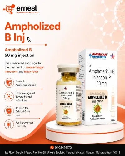Product DescriptionAmpholized B Injection is best used for fungal treatment by the experts under prescription. It is considered antifungal for the treatment of severe fungal infections and Black fever. The composition of this injection, Amphotericin B Injection IP (50 mg), has the ability to kill the infection that leads to fungi-associated infection. Ampholized B Injection is administered strictly under expert supervision. It is suggested to avoid administering this injection on your own without a doctor's recommendation. It is necessary to consult your doctor if you are already dealing with existing diabetes or a liver or kidney condition. Also consult your doctor if you have a low potassium level in your blood. DosageAmpholized B Injection should be administered in a specific dosage as advised by the doctor. PrecautionsDrivingAmpholized B Injection might not be safe before driving. Hence, it is recommended to avoid driving after taking this injection.AlcoholEnsure to consult your doctor to know if Ampholized B Injection can be taken with alcohol to avoid any side effects.KidneyAmpholized B Injection can be safe to administer if it is advised by your doctor. Although it is important to consult your doctor and discuss existing health conditions beforehand.PregnancyConsult your doctor before taking Ampholized B Injection as it might be safe if prescribed by a doctor.LiverAmpholized B Injection should be administered strictly under a doctor's supervision, as its effect on the liver is not known yet. Side EffectsSome of the side effects are chills, nausea, diarrhea, reduced appetite, headache, abnormal liver function test, lower magnesium in blood, skin rashes, low blood pressure, abnormal renal function, spiked potassium level and pain or swelling over the injected site. WarningsOrder Ampholized B injection online extremely cautiously under expert supervision. It is administered over 1-2 hours. Your doctor might ask for initial blood reports or constantly monitor potassium, sugar, magnesium, or kidney function tests. Thinking to order Ampholized B injection online? We are the third party manufacturer of antifungal medicines, antifungal medications bulk exporter and Ampholized B injection suppliers. Order Ampholized B injection online or place third party manufacturer of antifungal medicines order online at the best price by connecting with our experts. To get more information on Ampholized B injection bulk supply or third party manufacturer of antifungal medicines, get connected with the team today!