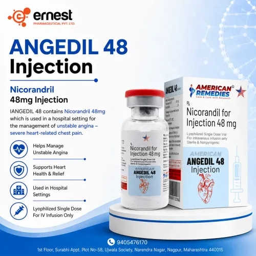 ANGEDIL 48 contains Nicorandril 48mg which is used in a hospital setting for the management of unstable angina – severe heart-related chest pain.