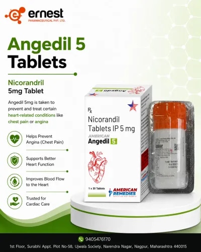 Product DescriptionAngedil 5mg is taken to prevent and treat certain heart-related conditions like chest pain or angina. Order Angedil 5mg tablets online in bulk when only prescribed while all the other medicines for the heart don’t work or show any improvement. It helps in lowering the risk of an angina attack, as the composition Nicorandil is known to widen blood vessels and further improve blood flow to the heart.Order Angedil 5mg tablets online in bulk if your doctor has suggested it and it should not be consumed on your own. Doctor would recommend to have Angedil 5mg tablets online bulk supply with or without food. However, along with taking third party exporter of Angedil 5mg, you should be making lifestyle changes as well, such as no smoking, reducing alcohol, eating well, exercising regularly and managing stress. Do not stop taking this tablet as it could give you sudden withdrawal by reoccurrence of chest pain. DosageEnsure to administer the Angedil 5mg tablet strictly under medical supervision. Avoid taking this tablet on your own. Consume Angedil 5mg tablets online bulk supply with or without meal. Do not break or crush the tablet. It should be taken in an accurate dosage and at a fixed time of day as advised by your doctor. If you tend to miss the dose, ensure to consult your doctor.PrecautionsDrivingBulk supplier of Angedil 5mg tablet might not be safe, as it can hinder the ability to stay alert while driving while making you fall asleep.AlcoholIt is not safe to consume alcohol while consuming this Angedil 5mg tablets online bulk supply tablet. KidneyConsume Angedil 5mg tablet cautiously in those who have severe kidney conditions. The doctor might advise for dosage adjustment as well.PregnancyConsult your doctor before taking this third party exporter of Angedil 5mg tablet during pregnancy.LiverOrder Angedil 5mg tablets online in bulk to consume cautiously in those who have existing liver conditions.Side EffectsSome of the side effects are nausea, vomiting, headache, palpitations, weakness, ulcers, dizziness, or flushing on the face, neck, ears and trunk. WarningsEnsure to drink enough water with a good painkiller if there’s a headache after taking this tablet. Avoid taking erectile dysfunction medicines while taking this tablet, as it could lower blood pressure.Thinking to order Angedil 5mg tablets online in bulk? We are the third party exporter of Angedil 5mg having reliable and high-quality Angedil 5mg to keep your heart in the best condition. You can contact our team to place your order or for any further assistance regarding this medicine.