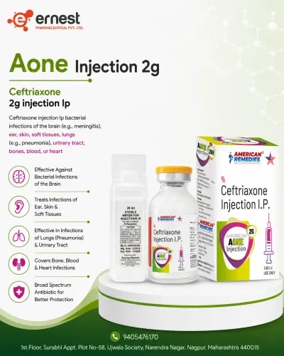 Product DescriptionAone 2 gm Injection is administered to treat certain bacterial infections of the brain (e.g., meningitis), ear, skin, soft tissues, lungs (e.g., pneumonia), urinary tract, bones, blood, or heart. Antibacterial medicines bulk supply – Aone 2 gm is further used in the prevention of infection during surgery. It can be given either via an IV drip or directly injected into the vein or muscles under experts’ supervision. DosageAone 2 gm Injection is administered strictly by a doctor or medical expert. Avoid administering on your own. Avoid missing the dosage of third party manufacturer of Aone 2gm. If missed, be sure to consult your doctor. PrecautionsDriving: Administering Aone 2 gm medicine in bulk is not safe, as it reduces alertness and makes you fall asleep. Alcohol: Aone 2 gm medicine in bulk can be safe to administer this injection.Kidney: Administering Aone 2 gm injection can be safe if it’s suggested by the doctor.Pregnancy: Aone 2 gm medicine in bulk can be safe if it is prescribed by the doctor.Liver: You should cautiously administer third party manufacturer of Aone 2 gm as it might need dosage adjustment. Side EffectsSome of the side effects of third party manufacturer of Aone 2 gm are low blood platelets, rash, fluctuated white blood cell count, abnormal liver function test, or diarrhea. WarningAvoid skipping or discontinuing administering Aone 2 gm injection as it could lead to a reoccurrence of infection in the future with high intensity. FAQIs Aone 2 gm Injection safe?Aone 2 gm Injection is ideally safe if administered in accurate dosage as prescribed by doctors.How long does Aone 2 gm Injection take to work?Aone 2 gm Injection begins to work immediately after it is administered. Although for completing treatment, you should be administering this injection as prescribed without discontinuing or skipping the dosage. Who should not take Aone 2 gm Injection?Aone 2 gm Injection is ideally not prescribed by doctors to those who are allergic to Ceftriaxone or any of its ingredients. Ensure to consult your doctor in case of kidney, liver, gallbladder, or any other blood disorder. Thinking of ordering antibacterial medicines bulk supply? We are the third party manufacturer of Aone 2 gm injection available at the best price. Connect with the team for further assistance regarding antibacterial medicines bulk supply. For more information or antibacterial medicines bulk supply, get in touch today!
