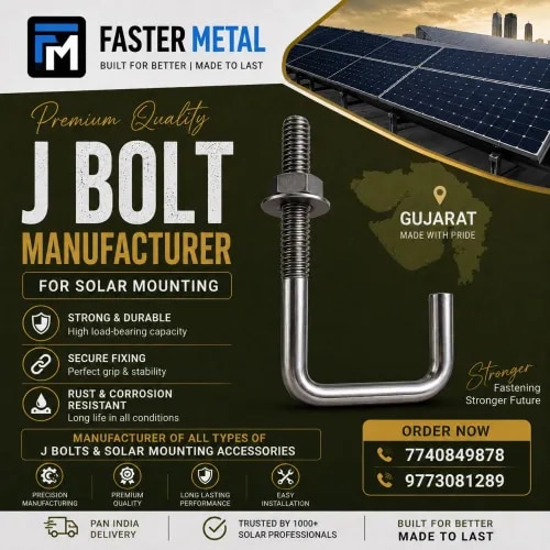 J-Bolt for Solar Mounting – Faster MetalFaster Metal manufactures premium-quality J-Bolts for solar panel mounting structures, designed for strong, secure, and reliable fixing. Our J-Bolts offer excellent grip, durability, and resistance to rust and corrosion, making them suitable for long-term outdoor solar installations.