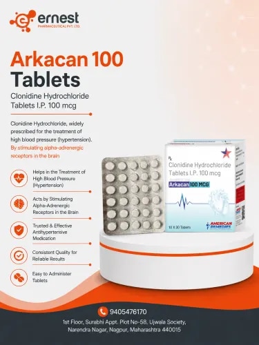 Product DescriptionArkacan 100 Tablets is an effective anti-hypertensive medicine that contains Clonidine Hydrochloride, widely prescribed for the treatment of high blood pressure (hypertension). By stimulating alpha-adrenergic receptors in the brain, Arkacan 100 helps lower blood pressure by decreasing the levels of certain chemicals in the blood, thereby relaxing blood vessels and easing the heart's workload.DosageThe dosage of Arkacan 100 Tablets should be strictly followed as prescribed by a healthcare provider. The standard dose for adults usually begins with a low amount and is gradually adjusted based on the patient's response. It is meant to be taken with or without food or as directed by the doctor. Do not discontinue or change dosage without medical consultation.PrecautionsDriving: Arkacan 100 Tablets may cause dizziness or drowsiness. Avoid driving or operating machinery until you know how it affects you.Alcohol: Combining Arkacan with alcohol may amplify sedative effects. Limit alcohol intake during the course of treatment.Kidney: Use Arkacan cautiously in patients with kidney impairment. Dose adjustments may be necessary.Pregnancy: Arkacan 100 Tablets should be used during pregnancy only under medical supervision. Let your doctor know if you are pregnant or planning to conceive.Liver: Caution is advised in patients with liver conditions. Periodic liver function monitoring may be required.Side EffectsCommon side effects of Arkacan 100 Tablets may include:Drowsiness or fatigueDry mouthConstipationHeadacheDizziness upon standing (orthostatic hypotension)Slow heart rateWarningDo not stop taking Arkacan 100 Tablets abruptly, as it can lead to a sudden spike in blood pressure. Always take the dose gradually under medical supervision. FAQsHow long does Arkacan 100 take to lower blood pressure?It may take a few hours to a few days for Arkacan 100 to start lowering blood pressure. Regular monitoring is essential.Can I take Arkacan 100 Tablets with other blood pressure medications?Yes, but only under a doctor’s supervision. Ensure to consult your doctor if you are planning to combine with other medicines to avoid low blood pressure.Is Arkacan 100 safe for long-term use?Yes, but it must be taken under regular medical supervision to monitor blood pressure, heart rate, and side effects.We are a leading anti hypertensive medicine manufacturer, offering Arkacan 100 Tablets bulk supply for hospitals, wholesalers, and distributors. As a trusted high BP medicines supplier and third party exporter of Arkacan 100 Tablets, we ensure top-grade manufacturing, packaging and global delivery. Get in touch with us today to order Arkacan 100mcg tablets online or inquire about Arkacan 100 Tablets online supplier services.