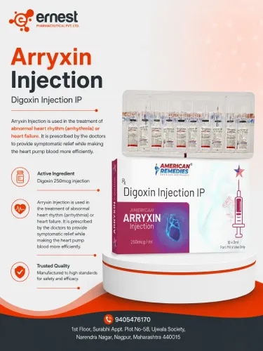 Product DescriptionArryxin Injection is used in the treatment of abnormal heart rhythm (arrhythmia) or heart failure. It is prescribed by the doctors to provide symptomatic relief while making the heart pump blood more efficiently. It further helps to restore a steady and normal heartbeat in patients. Buy Arryxin 150 injection in bulk for administering under the supervision of a doctor. Your doctor shall decide the dose of injection and timing of administering this injection. Your doctor could monitor the blood pressure, ECG and heart rate until the condition improves. Ensure to take all the medicines on time as suggested by the doctor without pausing or skipping. DosageBulk supply of Arryxin 150 injection is a cardiac glycoside. It works by modifying an irregular heartbeat to a normal rhythm while increasing the force of heart muscle contraction. Order Arryxin 150 injection online to pump your heart more efficiently while improving blood circulation throughout the body. PrecautionsDrivingDriving is not safe with Arryxin Injection as it could reduce alertness, distort vision, or make you feel dizzy. Avoid driving if these symptoms occur.AlcoholIt is not safe to consume alcohol with third party manufacturing of Arryxin 150 injection.KidneyBuy Arryxin 150 injection in bulk should be administered cautiously in patients with kidney conditions. The doctor might suggest dosage adjustments for you. Moreover, the doctor would monitor your kidney function, magnesium, potassium and calcium while you are on this injection.PregnancyEnsure to consult your doctor before administering a bulk supply of Arryxin 150 injection during pregnancy.LiverOrder Arryxin 150 injection online if it is prescribed by your doctor. Ensure to discuss your health history beforehand with your doctor. Side EffectsSome of the known side effects are nausea, diarrhea, irregular heartbeat, visual impairment, vomiting or dizziness. WarningsLet your doctor know if you are dealing with any other drug interaction. Do not skip or discontinue administering third party manufacturing of Arryxin 150 injection.Buy a bulk supply of Arryxin 150 injection from us at the best price, as we are the reliable bulk supplier of digoxin. You can contact our team for bulk supplier of digoxin or get any further assistance regarding third party manufacturing of Arryxin 150 injection. To get more information, connect with us today!