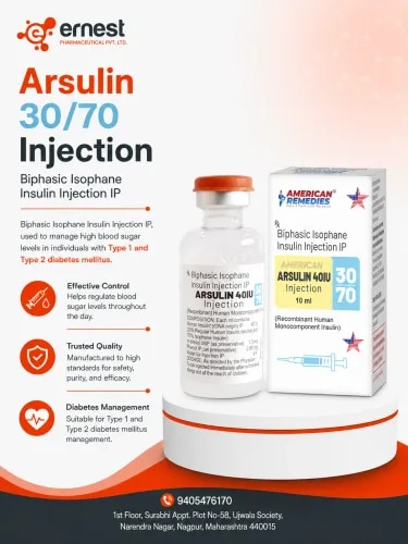 Product DescriptionArsulin 30/70 Injection is an antidiabetic IP solution formulated with Biphasic Isophane Insulin Injection IP, used to manage high blood sugar levels in individuals with Type 1 and Type 2 diabetes mellitus. This injection combines fast-acting and intermediate-acting insulin, delivering a dual action for effective glucose control throughout the day. Arsulin 30/70 helps prevent long-term complications such as kidney damage, nerve problems and blindness associated with diabetes.As a trusted product in diabetic care, Arsulin 30/70 Injection bulk supply is in high demand by hospitals, clinics, and pharmacies across the globe. Healthcare providers prefer to order Arsulin 30/70 Injection online in bulk for consistent diabetic care management.DosageThe dosage of Arsulin 30/70 Injection depends on the individual's blood glucose levels, diet, lifestyle and response to treatment. It should be administered as advised by the doctor under the medical supervision. PrecautionsDriving: Arsulin 30/70 may cause hypoglycemia. Avoid driving or operating heavy machinery if you feel dizzy or drowsy.Alcohol: Alcohol could increase the risk of lowering blood sugar. Limit or avoid alcohol consumption while on insulin therapy.Kidney: Patients with kidney issues should use this insulin with caution. Regular monitoring of blood glucose level and kidney function is highly advised.Pregnancy: Arsulin 30/70 Injection is considered safe during pregnancy but should be used under strict medical supervision.Liver: Liver dysfunction can affect insulin metabolism. Dose adjustments may be required under the care of a physician.Side EffectsCommon side effects of Arsulin 30/70 Injection may include:Hypoglycemia (low blood sugar)Injection site reactions (redness, swelling, itching)Weight gainSwelling in hands or feetMild rash or allergic reactionsSeek immediate medical attention if severe allergic reactions or persistent symptoms occur.WarningArsulin 30/70 Injection must only be used as prescribed. Overuse or incorrect dosage can lead to serious hypoglycemia. Always check your insulin vial before use for discoloration or particles. Store in a refrigerator but do not freeze.FAQsCan I skip a meal after taking Arsulin 30/70 Injection?No. Skipping meals after taking insulin can lead to dangerously low blood sugar levels. Always follow a proper meal schedule.What should I do if I miss a dose?Take the missed dose as soon as possible. Avoid taking two doses in shorter duration. Never double up your insulin dose.How long does Arsulin 30/70 Injection last in the body?This premixed insulin provides both rapid and intermediate action, typically lasting up to 24 hours. The exact duration varies per individual.Who should avoid using Arsulin 30/70 Injection?Individuals allergic to insulin or with frequent episodes of hypoglycemia should consult a doctor before use.We are a reliable insulin injections bulk supplier and third party exporter of insulin injections, offering quality-assured diabetic care products like Arsulin 30/70 Injection. If you're looking to order Arsulin 30/70 Injection online in bulk, or seek third party manufacturing of insulin injections, connect with our expert team for competitive pricing and timely delivery.