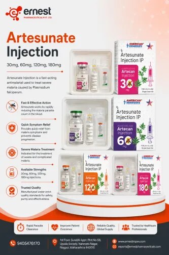 Product Description - Artecan Artesunate Injection 30mg, 60mg, 120mg & 180mgArtecan 60 mg Injection contains Artesunate Injection IP (1 x 60 mg + NS 0.9% w/v - 5 ml + SBC 5% w/v - 1 ml). It is widely used in the treatment of severe malaria caused by Plasmodium falciparum. Artesunate works by rapidly reducing the malaria parasite count in the blood, providing quick relief from malaria symptoms and preventing disease progression. Buy Artecan 60 mg Injection online for reliable treatment of malaria, or order Artecan 60 mg Injection in bulk.DosageArtecan 60 mg Injection should only be administered by a doctor through intravenous or intramuscular route. The dosage may vary depending on the severity of the infection, patient’s age, weight, and overall health status. For safe usage, always consult your doctor before you buy Artecan 60 mg Injection online.PrecautionsDriving: Avoid driving if you feel dizzy or weak during treatment.Alcohol: Do not consume alcohol as it may reduce treatment effectiveness.Kidney: Dose adjustment may be necessary in patients with kidney disorders.Pregnancy/Breastfeeding: Consult your doctor before use, especially during pregnancy or lactation.Liver: Use under strict medical supervision in patients with liver-related concerns.Side EffectsSome possible side effects of Artecan 60 mg Injection include:Dizziness or headacheNausea and vomitingFever or chillsInjection site pain or irritationLow white blood cell count (in rare cases)Seek medical help if you notice severe allergic reactions, unusual bleeding, or worsening symptoms.WarningThis medicine should only be used under medical supervision. Do not self-administer. Incorrect or overuse can lead to complications. Always follow your doctor’s prescription when you buy Artecan 60 mg Injection online or order Artecan 60 mg Injection in bulk.FAQWhat is Artecan 60 mg Injection used for?It is used for the treatment of severe malaria caused by Plasmodium falciparum.Can Artecan 60 mg Injection be used without a prescription?No, it should only be taken under medical advice and supervision.How should Artecan 60 mg Injection be stored?Store in a cool, dry place away from direct light. Keep out of reach of children.Is Artecan 60 mg Injection safe for children?Yes, but dosage must be carefully adjusted and prescribed by a doctor. Buy Artecan 60 mg Injection online from us today. We are a reliable bulk supplier of Artecan 60 mg Injections and a trusted third party exporter of Artecan 60 mg Injections. You can also directly order Artecan 60 mg Injection in bulk or contact today.