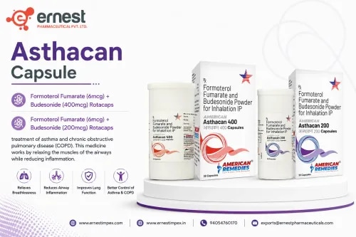 Asthacan CapsuleFormoterol Fumarate (6mcg) +Budesonide (400mcg) RotacapsFormoterol Fumarate (6mcg) +Budesonide (200mcg) RotacapsProduct DescriptionAsthacan 200 Capsule contains a combination of Formoterol Fumarate (6mcg) + Budesonide (200mcg) Rotacaps, widely used in the treatment of asthma and chronic obstructive pulmonary disease (COPD). This medicine works by relaxing the muscles of the airways while reducing inflammation, making it easier for patients to breathe. Buy Asthacan 200 Capsule online or order Asthacan 200 Capsule in bulk from a trusted source.DosageAsthacan 200 Capsule should be inhaled through a Rotahaler or inhaler device, exactly as prescribed by your doctor. The dosage may vary depending on the severity of asthma or COPD, age, and overall health condition of the patient. For accurate dosing instructions and to buy Asthacan 200 Capsule online, always consult your doctor.PrecautionsDriving: Usually safe, but if you feel dizzy after inhalation, avoid driving.Alcohol: Limit or avoid alcohol, as it may worsen respiratory symptoms.Kidney: Use cautiously in patients with severe kidney disease.Pregnancy/Breastfeeding: Use only under medical guidance during pregnancy or while breastfeeding.Liver: Dose adjustment may be required in liver disorders; consult your doctor.Side EffectsSome common side effects of Asthacan 200 Capsule may include:Throat irritationCoughing or hoarsenessHeadacheNauseaMuscle crampsOral fungal infections (if mouth is not rinsed after use)WarningAsthacan 200 Capsule should only be used through inhalation and under medical supervision. Do not exceed the prescribed dose. Overuse can lead to complications such as increased heart rate, chest pain, or worsening breathing problems. Always follow your doctor’s instructions when you buy Asthacan 200 Capsule online or order Asthacan 200 Capsule in bulk.FAQWhat is Asthacan 200 Capsule used for?It is used to manage asthma and COPD by preventing airway inflammation and keeping the air passages open.Can I use Asthacan 200 Capsule for quick relief of asthma attacks?No, it is not a rescue inhaler. It should be used for long-term control. For sudden attacks, use a fast-acting inhaler as prescribed by your doctor.How should I store Asthacan 200 Capsule?Store in a cool, dry place away from moisture and direct sunlight. Keep out of reach of children.Can I stop using Asthacan 200 Capsule once I feel better?No, do not stop without consulting your doctor. Abrupt discontinuation may worsen symptoms.Buy Asthacan 200 Capsule online from us as we are a bulk supplier of Asthacan 200 Capsules. You can also connect with us to order Asthacan 200 Capsule in bulk. For more information on the trusted third party exporter of Asthacan 200 Capsules, contact today.