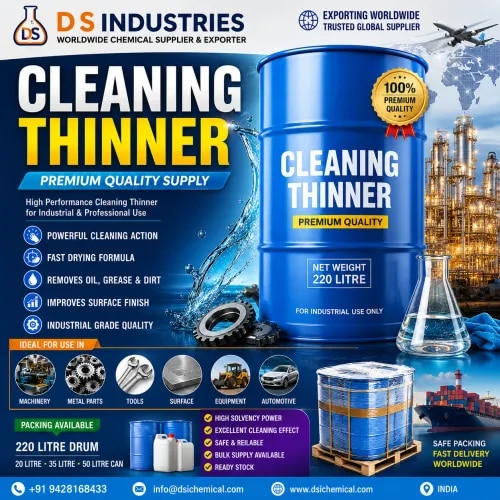We Leading D S INDUSTRIES Best Quality Cleaning thinner Making and Supply. 1.Machinery & Industrial EquipmentCleaning machine components after productionRemoving oil, grease and lubricant residuesCleaning mechanical parts before maintenanceRemoving accumulated solvent-soluble depositsCleaning production equipment between batchesPreparing machinery for inspection or servicing⚙️ 2. Metal Parts & FabricationDegreasing fabricated metal componentsRemoving oil and processing residuesCleaning parts before painting or powder coatingSurface preparation before primer applicationCleaning metal tools, fixtures and jigsRemoving certain adhesive and coating residues🎨 3. Paint & Coating IndustryCleaning paint-mixing equipmentCleaning spray guns and application toolsRemoving solvent-based paint residuesCleaning coating containers and transfer equipmentCleaning pumps, hoses and other compatible equipmentSupporting equipment changeover between coating batches🚗 4. Automotive & Auto Component IndustryCleaning compatible metal componentsRemoving grease and oil from workshop equipmentCleaning paint application equipmentPreparing certain surfaces before refinishingCleaning tools used during automotive painting🧪 5. Resin, Adhesive & Composite ManufacturingCleaning mixing vessels and toolsRemoving compatible resin residuesCleaning adhesive-processing equipmentRemoving solvent-soluble buildupCleaning FRP/composite manufacturing tools🖨️ 6. Printing & Ink IndustryCleaning compatible printing equipmentRemoving solvent-based ink residuesCleaning ink containers and toolsSupporting cleaning during colour/product changeovers🏗️ 7. Engineering & General ManufacturingCleaning fabrication toolsDegreasing compatible machine componentsRemoving oil and grease before assemblyCleaning fixtures and production accessoriesMaintenance and workshop applications⚠️ ImportantCleaning thinner is not universally compatible with every material. It can attack plastics, rubber, painted surfaces, seals or sensitive coatings. Always test a small area first and follow the product SDS, ventilation, PPE, fire-safety and handling requirements.
