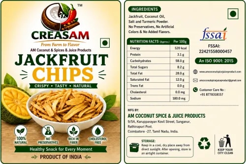 Creasam Fried Jackfruit Chips are made from carefully selected fresh jackfruits and processed under hygienic conditions to deliver a crispy, crunchy, and delicious snack. Made with 100% natural ingredients and no preservatives added, these premium-quality chips retain the authentic flavor and aroma of jackfruit. Carefully sliced and fried for a satisfying texture, they are perfect for tea-time, travel, parties, family gatherings, and everyday snacking. Creasam Fried Jackfruit Chips offer freshness, natural taste, premium quality, and excellent value at an affordable price.