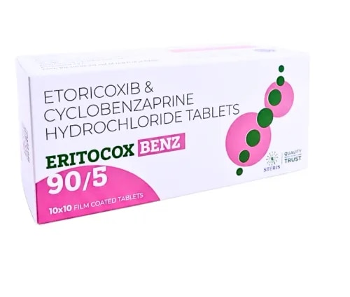 ERITOCOX BENZ 90/5 is a fixed-dose combination tablet pairing Etoricoxib 90 mg, a selective COX-2 anti-inflammatory, with Cyclobenzaprine Hydrochloride 5 mg, a centrally acting muscle relaxant. It is prescribed for short-term relief of acute musculoskeletal problems where pain, swelling, and muscle tightness occur together — think a sudden low-back strain, a stiff neck, or a flare-up of arthritis where the surrounding muscles clamp down defensively. Rather than treating the inflammation alone or the spasm alone, this tablet addresses both mechanisms in one dose, which can mean fewer pills and a more complete response for short, acute episodes. It is a prescription-only (Schedule H) medicine, produced under WHO-GMP and ISO-certified manufacturing standards by Steris Healthcare Pvt. Ltd. Typical side effects include drowsiness, dry mouth, and mild stomach upset; because the combination carries cardiovascular, gastrointestinal, and kidney considerations, it should only be used under a doctor's supervision. This page walks through what the tablet does, how it works, correct usage, safety information, and answers to the questions people most often ask.What Is ERITOCOX BENZ 90/5?Pain from an acute back injury, a wrenched neck, or an arthritis episode almost never travels alone — it tends to bring a tense, guarded muscle along with it that makes every movement feel worse. ERITOCOX BENZ 90/5 was formulated with that pattern in mind, folding two separate mechanisms into a single tablet rather than requiring two prescriptions.Active Ingredient	Strength	RoleEtoricoxib	90 mg	Selective COX-2 inhibitor for inflammatory painCyclobenzaprine Hydrochloride	5 mg	Centrally acting skeletal muscle relaxantEach tablet is manufactured by Steris Healthcare Pvt. Ltd., a WHO-GMP and ISO-certified pharmaceutical company, so every batch meets verified potency and quality benchmarks.Why This Combination Makes SenseMusculoskeletal pain is rarely a single-track problem. When tissue is injured or irritated, inflammation flares up locally — and nearby muscles frequently respond by tightening protectively. That protective tightening, the spasm, often becomes a pain generator of its own. Treat only the inflammation and the spasm can linger; treat only the spasm and the underlying inflammation keeps driving discomfort.ERITOCOX BENZ 90/5 is built to intervene on both fronts at once:Etoricoxib addresses the chemical cascade responsible for pain and swelling at the injured site.Cyclobenzaprine works through the central nervous system to calm the muscle guarding that so often rides alongside that pain.Mechanism of Action: How ERITOCOX BENZ 90/5 WorksEtoricoxib selectively inhibits the COX-2 enzyme — the enzyme the body ramps up at sites of tissue damage or irritation to manufacture prostaglandins, the chemical messengers behind pain, swelling, and localized heat. Because it targets COX-2 specifically rather than blocking both COX-1 and COX-2 the way older, non-selective NSAIDs do, etoricoxib is designed to control inflammatory pain while leaving more of the COX-1 activity that protects the stomach lining relatively undisturbed.Cyclobenzaprine Hydrochloride takes a different route entirely — its primary site of action is the brainstem, not the muscle fiber itself. By dampening excessive motor signaling sent to skeletal muscle, it reduces spasm and stiffness without producing the broad muscle weakness that a directly-acting muscle agent might cause.Put together, the tablet delivers a two-pronged effect: peripheral anti-inflammatory action from etoricoxib, layered with central muscle relaxation from cyclobenzaprine.[Reviewer placeholder: insert verified pharmacokinetic data (onset, half-life, bioavailability) once confirmed by medical/regulatory team — do not publish unverified figures.]Clinical Uses of ERITOCOX BENZ 90/5A physician may prescribe this combination for short-term management of acute conditions where pain, inflammation, and spasm show up together, including:Condition	Typical PresentationAcute lower back pain	Pain with associated muscle guarding/spasmNeck strain / cervical spasm	Stiff, restricted neck movementSprains, strains, overuse injuries	Musculoskeletal trauma with inflammatory painOsteoarthritis flare-ups	Joint pain accompanied by surrounding muscle tightnessPostural or occupational muscle pain	Work- or posture-related inflammation and tensionMovement restriction linked to spasm	Reduced range of motion driven by muscular guardingSuitability for any of the above must be confirmed by a doctor based on your specific diagnosis and medical history.Key Benefits of ERITOCOX BENZ 90/5One tablet, two mechanisms — anti-inflammatory pain relief and muscle-spasm relief combined, simplifying an otherwise two-drug regimen.Site-focused inflammation control — etoricoxib's COX-2 selectivity is intended to concentrate its effect where inflammation is actually active.A comparatively gentler GI footprint — COX-2-selective action is generally linked to lower gastrointestinal irritation risk than older non-selective NSAIDs, though vigilance is still warranted.Loosens spasm-related stiffness — cyclobenzaprine's central action helps release tight, guarded muscles restricting movement.Aids functional recovery — easing both pain and spasm can make it more realistic to resume light activity, stretching, or physiotherapy once your doctor clears you.Streamlined short-course dosing — a once-daily schedule (as prescribed) cuts down pill burden versus taking an NSAID and a muscle relaxant separately.Dosage & AdministrationThe following is general reference information — your doctor's specific prescription always takes precedence.Take ERITOCOX BENZ 90/5 exactly as prescribed, generally once a day, with or without food.Swallow the tablet whole with water; avoid crushing or chewing unless your doctor tells you otherwise.Treatment is typically short — anywhere from a few days to roughly two weeks — reflecting the acute, self-limiting nature of most pain-and-spasm episodes.If a dose is missed, take it as soon as you remember, but skip it entirely if the next dose is nearly due. Never double up to make up for a missed dose.Do not extend the treatment period or adjust your dose independently, even if symptoms haven't fully resolved.Side Effects of ERITOCOX BENZ 90/5Common Side EffectsDrowsiness or sleepinessDizzinessDry mouthHeadacheStomach discomfort or indigestionNauseaFatigueMild elevation in blood pressure in some individualsSerious Side Effects — Seek Medical Help PromptlySigns of gastrointestinal bleeding, such as black stools or vomiting bloodA severe allergic reaction — swelling of the face or throat, breathing difficulty, or widespread rashChest pain, irregular heartbeat, or other symptoms suggestive of a cardiovascular eventYellowing of the skin or eyes, which may point to liver involvementA noticeable drop in urine output, which may suggest kidney impairmentSevere dizziness, confusion, or faintingIf any of these serious symptoms appear, stop the medicine and get medical attention immediately.Precautions & WarningsShare your full medical history with your doctor before starting, including any heart, kidney, or liver conditions.Use cautiously — or avoid altogether — if you have a history of stomach ulcers or gastrointestinal bleeding.Generally not advised for people with uncontrolled high blood pressure, existing heart disease, or a prior stroke, unless a doctor specifically clears its use.Steer clear of alcohol, since it can amplify cyclobenzaprine's sedative effect and add to gastrointestinal risk.Cyclobenzaprine may cause drowsiness or dizziness — hold off on driving or operating machinery until you know how the tablet affects you.Don't combine ERITOCOX BENZ 90/5 with other NSAIDs, painkillers, or sedating medicines without checking with your doctor first.Avoid the medicine if you have known hypersensitivity to etoricoxib, cyclobenzaprine, or related compounds.Not generally recommended during pregnancy or breastfeeding unless a doctor specifically advises otherwise.Avoid combining with MAO inhibitors, or using shortly after stopping them.Drug Interactions to Flag With Your DoctorDisclose every prescription medicine, over-the-counter product, and supplement you take. Extra caution is needed around medicines affecting:Blood pressure regulationKidney functionBlood clottingCentral nervous system activity (sedatives, other muscle relaxants)Liver metabolismOther anti-inflammatory or pain-relief medicinesConclusionERITOCOX BENZ 90/5 brings Etoricoxib 90 mg and Cyclobenzaprine Hydrochloride 5 mg together to tackle a problem that rarely presents as a single issue — pain, inflammation, and muscle spasm that reinforce one another in acute musculoskeletal conditions. By acting on both the inflammatory and muscular sides of that cycle, it offers a more rounded short-term response than either ingredient could provide alone.Given the genuine cardiovascular, gastrointestinal, kidney, and central-nervous-system considerations involved, ERITOCOX BENZ 90/5 is meant strictly for short, doctor-supervised courses — not casual or extended self-treatment. Always check with your doctor to confirm whether this combination is right for your condition, medical history, and current medications.Prescription only – consult your doctor.Frequently Asked Questions (Google & AI Mode / Voice Search Optimized)1. What is ERITOCOX BENZ 90/5 used for? It's typically prescribed for short-term relief of acute musculoskeletal issues — such as back pain, neck strain, or an arthritis flare-up — where pain, inflammation, and muscle spasm show up together.2. Is ERITOCOX BENZ 90/5 a muscle relaxant? It's a combination tablet: the muscle-relaxing effect comes from its Cyclobenzaprine Hydrochloride component, while Etoricoxib supplies the pain-relieving, anti-inflammatory action.3. Is Etoricoxib a strong painkiller? Etoricoxib is an effective selective COX-2 inhibitor typically used for moderate inflammation-related pain, such as arthritis or an acute musculoskeletal injury. Its appropriateness for your level of pain should be assessed by a doctor.4. Is Etoricoxib safe for the kidneys? As with other NSAIDs, etoricoxib can influence kidney function, particularly with extended use, higher doses, dehydration, or existing kidney disease. It should be used carefully and only under medical guidance if kidney health is a concern.5. Should ERITOCOX BENZ 90/5 be taken in the morning or at night? It's usually taken once a day at a time your doctor sets. Since cyclobenzaprine can cause drowsiness, many doctors lean toward an evening dose — but always stick to your specific prescription.6. What are the common side effects of ERITOCOX BENZ 90/5? Frequently reported effects include drowsiness, dizziness, dry mouth, headache, stomach discomfort, and mild fatigue. Most fade on their own, but persistent symptoms should be reported to your doctor.7. How fast does ERITOCOX BENZ 90/5 start working? Etoricoxib tends to absorb fairly quickly, and many people feel pain relief within roughly an hour, though onset can vary by individual and whether the tablet is taken with food.8. What should be avoided while on ERITOCOX BENZ 90/5? Skip alcohol, avoid taking other NSAIDs or painkillers without medical advice, and hold off on driving or operating machinery if you're feeling drowsy or dizzy.9. How many days can ERITOCOX BENZ 90/5 be taken? It's usually prescribed for a short stretch — a few days up to around two weeks — matching how acute conditions typically resolve. Anything longer needs your doctor's review.10. What are the benefits of ERITOCOX BENZ 90/5? It delivers combined relief from pain, inflammation, and muscle spasm in one tablet, which can make it easier to move normally and get back to daily activity sooner when used as directed.11. How safe is ERITOCOX BENZ 90/5? Taken exactly as prescribed and for the recommended duration, it's generally considered safe for most adults. It does carry cardiovascular, gastrointestinal, kidney, and liver-related risks that call for medical supervision, especially if you already have related conditions.12. Can ERITOCOX BENZ 90/5 be used for knee pain? Yes — its etoricoxib component is commonly used for joint pain tied to osteoarthritis or an acute injury, including the knee, by reducing the underlying inflammation. A doctor should confirm suitability first.13. Does ERITOCOX BENZ 90/5 cause drowsiness? Yes — drowsiness and dizziness are known effects linked to its cyclobenzaprine component. Avoid driving or tasks requiring full alertness until you know how it affects you.14. Can ERITOCOX BENZ 90/5 be bought without a prescription? No. This is a prescription-only medicine meant to be taken solely under a qualified doctor's supervision — it isn't meant for self-prescribing or extended use without medical oversight.15. Can ERITOCOX BENZ 90/5 be taken with food? It can generally be taken with or without food, though taking it with food may ease stomach discomfort for some people. Follow your doctor's specific instructions.16. Is ERITOCOX BENZ 90/5 habit-forming? Cyclobenzaprine isn't considered addictive with typical short-term use, but the tablet should still be taken only for the prescribed duration and not restarted on your own without medical advice.17. Who should avoid taking ERITOCOX BENZ 90/5? People with active stomach ulcers, significant heart, kidney, or liver disease, known hypersensitivity to NSAIDs, or those who are pregnant or breastfeeding should avoid it unless a doctor specifically clears its use.