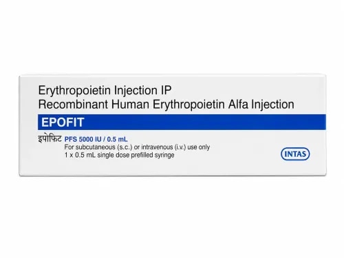 DescriptionEpofit 5000IU Injection is a medicine that helps your bone marrow to produce more red blood cells. It is used to treat a type of anemia caused by kidney disease. It is also used to treat anemia caused by cancer chemotherapy and by taking medicines to treat HIV.Epofit 5000IU injection contains active components such as Recombinant human erythropoietin alfa/epoetin alfa. It is a medication that belongs to a class of drugs called erythropoiesis-stimulating agents (ESAs). This medication treats anemia caused by chronic kidney disease (CKD), cancer chemotherapy, or HIV infection treatment with zidovudine. It also reduces the need for red blood cell transfusions in patients at high risk for blood loss due to planned surgery or other procedures.In Treatment of Anemia due to cancer chemotherapyAnemia is a condition where your body does not have enough red blood cells to carry oxygen around your body. Epofit 5000IU Injection is a man-made protein that works by stimulating the bone marrow (soft tissue inside the bones) to produce more red blood cells. The natural human form of this protein may be reduced when you are having chemotherapy to treat some types of cancer. An injection of the medicine can reduce the need to have a blood transfusion. You may also be given iron supplements to make the treatment more effective. BenefitsIn Treatment of Anemia due to chronic kidney diseaseEpofit 5000IU Injection is a man-made protein that helps your bone marrow to produce more red blood cells. It is used to treat anemia which is caused by kidney disease in adults and children who are on dialysis. Anemia is a condition where your body does not have enough red blood cells to carry oxygen around your body. This medicine helps reduce weakness and tiredness that you may be experiencing due to anemia. The injection is usually given by a doctor after a dialysis treatment. How to Use : -Your doctor or nurse will give you this medicine. Kindly do not self administer. Specification:Your doctor or nurse will give you this medicine. Kindly do not self administer. Side EffectsMost side effects do not require any medical attention and disappear as your body adjusts to the medicine. Consult your doctor if they persist or if you’re worried about themCommon side effects of EpofitHigh blood pressureNauseaVomitingFeverRashJoint painHeadacheInsomnia (difficulty in sleeping)ChillsCoughBone painMuscle spasmDizzinessVascular occlusionInjection site irritationStomatitis (Inflammation of the mouth)Weight lossDecreased white blood cell count (lymphocytes)