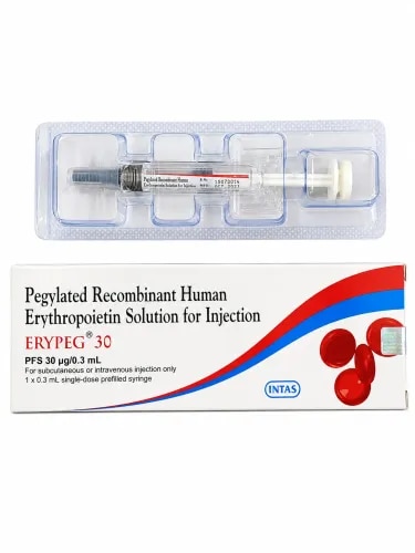 DescriptionErypeg 30mcg Injection is a medicine used in the treatment of anemia due to chronic kidney disease and cancer chemotherapy. It works by stimulating the stem cells of the bone marrow to increase red blood cell production. At the same time, it acts on red blood cells to protect them against destruction.Erypeg 30mcg injection contains active components such as Recombinant human erythropoietin alfa/epoetin alfa. It is a medication that belongs to a class of drugs called erythropoiesis-stimulating agents (ESAs). This medication treats anemia caused by chronic kidney disease (CKD), cancer chemotherapy, or HIV infection treatment with zidovudine. It also reduces the need for red blood cell transfusions in patients at high risk for blood loss due to planned surgery or other procedures.BenefitsIn Treatment of Anemia due to chronic kidney diseaseAnemia is a condition where your body does not have enough red blood cells to carry oxygen around your body. Chronic kidney disease (CKD) refers to the loss of normal kidney function over a long span of time. CKD progresses gradually over a few years but may become permanent if left untreated. CKD can lead to anemia. Erypeg 50mcg Injection can boost your levels of red blood cells and reduce the symptoms of anemia such as tiredness and weakness. Taking this injection improves the quality of life.In Treatment of Anemia due to cancer chemotherapyLow red blood cell count is termed as anemia. Cancer treatment with chemotherapy often causes many side effects, one of the major ones being anemia. Erypeg 30mcg Injection stimulates the production of red blood cells in bone marrow and regulates the haemoglobin in the blood. This treats anemia in cancer patients receiving chemotherapy. How to UseYour doctor or nurse will give you this medicine. Kindly do not self administer. SpecificationYour doctor or nurse will give you this medicine. Kindly do not self administer. Side EffectsMost side effects do not require any medical attention and disappear as your body adjusts to the medicine. Consult your doctor if they persist or if you’re worried about themCommon side effects of ErypegNauseaVomitingDiarrheaFever