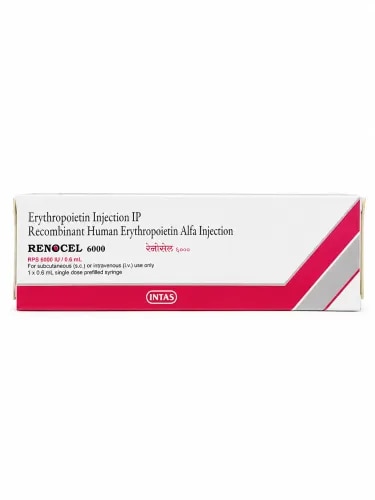 DescriptionRenocel 6000IU Injection is a medicine that helps your bone marrow to produce more red blood cells. It is used to treat a type of anemia caused by kidney disease. It is also used to treat anemia caused by cancer chemotherapy and by taking medicines to treat HIV.Renocel 6000IU Injection contains active components such as Recombinant human erythropoietin alfa/epoetin alfa. It is a medication that belongs to a class of drugs called erythropoiesis-stimulating agents (ESAs). This medication treats anemia caused by chronic kidney disease (CKD), cancer chemotherapy, or HIV infection treatment with zidovudine. It also reduces the need for red blood cell transfusions in patients at high risk for blood loss due to planned surgery or other procedures. BenefitsIn Treatment of Anemia due to chronic kidney diseaseRenocel 6000IU Injection is a man-made protein that helps your bone marrow to produce more red blood cells. It is used to treat anemia which is caused by kidney disease in adults and children who are on dialysis. Anemia is a condition where your body does not have enough red blood cells to carry oxygen around your body. This medicine helps reduce weakness and tiredness that you may be experiencing due to anemia. The injection is usually given by a doctor after a dialysis treatment.In Treatment of Anemia due to cancer chemotherapyAnemia is a condition where your body does not have enough red blood cells to carry oxygen around your body. Renocel 10000IU Injection is a man-made protein that works by stimulating the bone marrow (soft tissue inside the bones) to produce more red blood cells. The natural human form of this protein may be reduced when you are having chemotherapy to treat some types of cancer. An injection of the medicine can reduce the need to have a blood transfusion. You may also be given iron supplements to make the treatment more effective. How to Use :-Your doctor or nurse will give you this medicine. Kindly do not self administer. Specification :-Your doctor or nurse will give you this medicine. Kindly do not self administer.Side EffectsMost side effects do not require any medical attention and disappear as your body adjusts to the medicine. Consult your doctor if they persist or if you’re worried about themCommon side effects of RenocelHigh blood pressureNauseaVomitingFeverRashJoint painHeadacheInsomnia (difficulty in sleeping)ChillsCoughBone painMuscle spasmDizzinessVascular occlusionInjection site irritationStomatitis (Inflammation of the mouth)Weight lossDecreased white blood cell count (lymphocytes)Increased glucose level in bloodBlood clot in the blood vessels