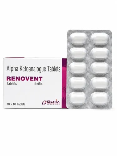 DescriptionRenovent tablet is a nutritional supplement used in the treatment of chronic kidney disease. It reduces urea levels in the blood and helps prevent the progression of kidney disease. This way it delays the risk of undergoing long-term dialysisThe Renovent tablet is a nutrient supplement with an active ingredient called alpha-ketoanalogue. It belongs to the class of medicine called amino acids. It is given along with a protein-restricted diet to delay the progression of chronic kidney disease (CKD). It reduces uraemic symptoms (caused by the accumulation of nitrogenous waste compounds normally eliminated by the kidneys), improves nutritional status, and reduces metabolic complications in CKD patients. It works by lowering urea levels in the bloodstream and slowing down the advancement of kidney disease, thereby delaying the need for long-term dialysis.Benefits In the treatment of chronic kidney diseaseChronic kidney disease (CKD) refers to the loss of normal kidney function over a long span of time. CKD progresses gradually over a few years but may become permanent if left untreated. Renovent Tablet is a combination of essential amino acids which, when combined with a low- or very-low-protein diet, slows down the progression of CKD and improves the quality of life. It eliminatemination of toxic materials such as urea from the kidneys and improves kidney function. However, you must follow your doctor’s instructions carefully and take it as advised to get maximum  How to UseTake this medicine in the dose and duration as advised by your doctor. SpecificationTake this medicine in the dose and duration as advised by your doctor.Side EffectsNo common side effects seen