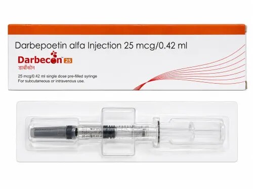 DescriptionDarbecon 25mcg injection contains the active ingredient darbepoetin alfa. It is an antineoplastic drug that belongs to the class of medications called hematopoietic growth factors. It is used to treat anemia (lower than normal RBC) in people with chronic kidney disease. It is also indicated to treat anemia caused by chemotherapy in people with certain types of cancer. The symptoms of anemia are fatigue, weakness, and shortness of breath. BenefitsIn Treatment of Anemia due to chronic kidney diseaseAnemia is a condition where your body does not have enough red blood cells to carry oxygen around your body. Chronic kidney disease (CKD) refers to the loss of normal kidney function over a long span of time. CKD progresses gradually over a few years but may become permanent if left untreated. CKD can lead to anemia. Darbecon 25mcg Injection can boost your levels of red blood cells and reduce the symptoms of anemia such as tiredness and weakness. Taking this injection improves the quality of life.In Treatment of Anemia due to cancer chemotherapyLow red blood cell count is termed as anemia. Cancer treatment with chemotherapy often causes many side effects, one of the major ones being anemia. Darbecon 25mcg Injection stimulates the production of red blood cells in bone marrow and regulates the haemoglobin in the blood. This treats anemia in cancer patients receiving chemotherapy. How to UseYour doctor or nurse will give you this medicine. Kindly do not self administer. Side EffectsMost side effects do not require any medical attention and disappear as your body adjusts to the medicine. Consult your doctor if they persist or if you’re worried about themCommon side effects of DarbeconAbdominal painHigh blood pressureRashInjection site painBreathlessnessCoughPeripheral edemaProcedural hypotension (low blood pressure)ConvulsionThromboembolism