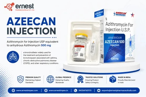 Product DescriptionAzeecan 500 mg Injection contains Azithromycin for Injection USP (1 x 500 mg + 10 ml SWFI), an antibiotic widely used for the treatment of bacterial infections such as respiratory tract infections, skin and soft tissue infections, ear infections, and certain sexually transmitted diseases. It works by stopping the growth of bacteria, helping the body fight against infections effectively. Buy Azeecan 500 mg Injection online or order Azeecan Injection 500 mg in bulk from a trusted supplier. You can also order Azee 500 mg Injection online at the best prices.DosageAzeecan Injection 500 mg should only be administered intravenously under the supervision of doctor’s supervision. The dosage may vary depending on the infection being treated, patient’s age, weight, and overall health condition. For accurate dosing instructions, consult your doctor before you buy Azeecan 500 mg Injection online.PrecautionsDriving: Usually safe, but avoid driving if you feel dizzy or weak.Alcohol: Avoid alcohol as it may interfere with the medicine’s effectiveness.Kidney: Use cautiously in patients with kidney disease; dose adjustment may be required.Pregnancy/Breastfeeding: Use only under medical advice during pregnancy or while breastfeeding.Liver: Patients with liver disorders must consult their doctor before starting treatment.Side EffectsSome common side effects of Azeecan Injection 500 mg may include:Nausea and vomitingDiarrheaAbdominal painHeadacheLocal pain or irritation at the injection siteSeek medical attention if you experience allergic reactions such as rash, itching, swelling, or breathing difficulties.WarningDo not self-administer this injection. Azeecan Injection should only be given under medical supervision. Overuse or misuse of antibiotics can lead to bacterial resistance or other complications. Always follow your doctor’s advice when you buy Azeecan 500 mg Injection online or order Azeecan Injection 500 mg in bulk.FAQWhat is Azeecan Injection 500 mg used for?It is used to treat bacterial infections such as respiratory infections, skin infections, and sexually transmitted diseases.Can I use Azeecan Injection 500 mg without a prescription?No, it must be used only under medical supervision.How should I store Azeecan Injection 500 mg?Store in a cool, dry place away from direct sunlight. Keep out of reach of children.Is Azeecan Injection safe for children?Yes, but only under medical advice with adjusted dosage. We are a trusted bulk supplier of Azeecan Injection 500 mg, ensuring consistent quality and supply. You can buy Azeecan 500 mg Injection online or directly order Azeecan Injection 500 mg in bulk from us. As a reliable third party exporter of Azeecan Injection 500 mg, you can contact our team for information.