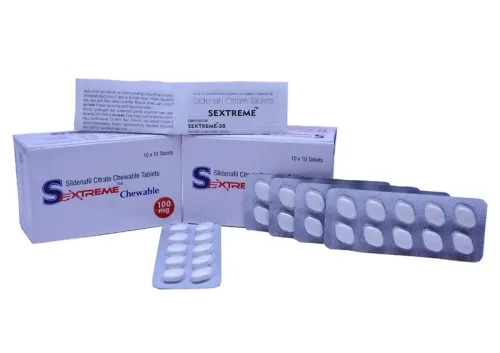 buy Sildenafil Citrate Chewable 100mg TableSextreme Chewable - Sildenafil 100mgSildenafil Citrate ingredient Sextreme Chewable 100mg tablet is manufactured in India for protection against ED or impotence problems. Sextreme Chewable medicine is available in tasty flavor and patients can easily take and chew it. This tablets starts to effect in body within 20 minutes after using. Sextreme Chewable is developed to stop erectile dysfunction and sold in packing strip of 10 tablets.Other Information:Packing: Blister of 10 tabs.Delivery Lead Time: Immediate.Port of Dispatch: Mumbai.Mode of Export : Air Cargo / Sea Cargo /Door Delivery Cargo CouriersPayment Terms: Bank Wire Transfer