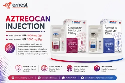 Product DescriptionAztreocan Injection 1 g contains Aztreonam for Injection USP 1000 mg, a monobactam antibiotic widely used to treat serious bacterial infections such as respiratory tract infections, urinary tract infections, skin infections, intra-abdominal infections, gynecological infections and septicemia. This medicine works by targeting and killing gram-negative bacteria, thereby stopping their growth and spread. Buy Aztreocan Injection 1 g online or order Aztreocan 1g Injection in bulk from a reliable source.Aztreocan Injection 1 g: Aztreocan Injection 1 g contains Aztreonam for Injection USP 1000 mg, a monobactam antibiotic widely used to treat serious bacterial infections such as respiratory tract infections, urinary tract infections, skin infections, intra-abdominal infections, gynecological infections and septicemia. AZTREOCAN 2g: AZTREOCAN 2 contains Aztreonam 2g is a high-dose, intravenous or intramuscular injection of a monobactam antibiotic used to treat severe, aerobic gram-negative bacterial infections.DosageAztreocan Injection 1 g should only be administered by a qualified healthcare professional through intramuscular (IM) or intravenous (IV) route. The dosage may vary depending on the severity of the infection, the patient’s weight, age, and overall health condition. For precise instructions and safe use, consult your doctor before you buy Aztreocan Injection 1 g online.PrecautionsDriving: Usually safe, but avoid driving if you feel dizzy after administration.Alcohol: Avoid alcohol during treatment as it may increase side effects.Kidney: Patients with kidney impairment may require dose adjustments.Pregnancy/Breastfeeding: Use only under the supervision of a doctor.Liver: Administer with caution in individuals with liver disorders.Side EffectsSome common side effects of Aztreocan Injection 1 g may include:Pain or swelling at the injection siteRash or itchingNausea or vomitingDiarrheaHeadacheRare changes in blood countsWarningDo not self-administer this injection. It must always be given by a medical professional only. Overuse or misuse may lead to antibiotic resistance or severe complications. Always follow your doctor’s advice when you buy Aztreocan Injection 1 g online or order Aztreocan 1g Injection in bulk.FAQWhat is Aztreocan Injection 1 g used for?It is used for the treatment of severe bacterial infections, especially those caused by gram-negative organisms.Can I take Aztreocan Injection 1 g without a prescription?No, it should only be taken under medical supervision.Is Aztreocan safe during pregnancy?Consult your doctor before use, as it should be given only if clearly needed.How should Aztreocan Injection 1 g be stored?Store in a cool, dry place away from direct sunlight and moisture. Keep out of reach of children.Buy Aztreocan Injection 1 g online from us or order Aztreocan 1g Injection in bulk, as we are a bulk supplier of Aztreocan 1g Injection. For more details on third party exporter of Aztreocan 1g Injection, connect with out team today!