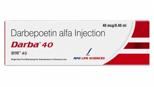 DescriptionDarba 40mcg Injection is used in the treatment of anemia that may have occurred due to chronic kidney disease or chemotherapy. It works by stimulating the bone marrow to produce more red blood cells.Darba 40mcg Injection is used in the treatment of anemia that may have occurred due to chronic kidney disease or chemotherapy. It works by stimulating the bone marrow to produce more red blood cells. BenefitsIn Treatment of Anemia due to chronic kidney diseaseAnemia is a condition where your body does not have enough red blood cells to carry oxygen around your body. Chronic kidney disease (CKD) refers to the loss of normal kidney function over a long span of time. CKD progresses gradually over a few years but may become permanent if left untreated. CKD can lead to anemia. Darba 40mcg Injection can boost your levels of red blood cells and reduce the symptoms of anemia such as tiredness and weakness. Taking this injection improves the quality of life.In Treatment of Anemia due to cancer chemotherapyLow red blood cell count is termed as anemia. Cancer treatment with chemotherapy often causes many side effects, one of the major ones being anemia. Darba 60mcg Injection stimulates the production of red blood cells in bone marrow and regulates the haemoglobin in the blood. This treats anemia in cancer patients receiving chemotherapy.How to UseYour doctor or nurse will give you this medicine. Kindly do not self administer. Side EffectsMost side effects do not require any medical attention and disappear as your body adjusts to the medicine. Consult your doctor if they persist or if you’re worried about them.High blood pressureRashInjection site painBreathlessnessCoughPeripheral edemaProcedural hypotension (low blood pressure)ConvulsionThromboembolism