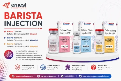 Barista 1, 2, 3 – Caffeine Citrate USPDescriptionBarista 1, 2, 3 contains Caffeine Citrate USP, a central nervous system stimulant primarily used in neonatal care for the management of apnea of prematurity. It works by stimulating the respiratory center, improving respiratory drive and helping reduce episodes in which premature infants temporarily stop breathing.Caffeine citrate should be used under the supervision of a qualified healthcare professional, particularly because dosing in premature infants is based on body weight and clinical response.DosageThe dosage of caffeine citrate is determined by the treating physician according to the infant's body weight, clinical condition and response to treatment.A commonly referenced regimen for apnea of prematurity is:Loading dose: Caffeine citrate 20 mg/kg.Maintenance dose: Caffeine citrate 5 mg/kg once daily, generally beginning 24 hours after the loading dose. Depending on clinical response and the specific approved product labeling, the maintenance dose may be adjusted by the treating specialist.Caffeine citrate doses should not be confused with doses expressed as caffeine base; caffeine citrate 20 mg is equivalent to approximately 10 mg caffeine base.PrecautionsExtra care is required when caffeine citrate is used in infants with seizure disorders, cardiovascular disease, hepatic or renal impairment. Serum caffeine concentrations may need monitoring in certain patients, particularly when there has been previous exposure to caffeine or when toxicity is suspected.Healthcare professionals should also consider other sources of caffeine and medicines that can affect caffeine metabolism.Side EffectsPossible side effects may include:Increased heart rate or tachycardiaRestlessness or irritabilityFeeding intoleranceVomiting or regurgitationIncreased urine outputChanges in blood glucoseTremors or jitterinessSerious adverse effects are more likely with excessive caffeine exposure and require prompt medical assessment.WarningCaffeine citrate is a prescription medicine and should be administered only under medical supervision. The patient's weight and dose should be carefully verified before administration.FAQ1. What does Barista 1, 2, 3 contain?The active pharmaceutical ingredient is Caffeine Citrate USP.2. What is caffeine citrate mainly used for?It is primarily used for the treatment of apnea of prematurity in premature infants.3. How does caffeine citrate work?It stimulates the central nervous system and respiratory centers, helping improve respiratory drive.4. Is caffeine citrate the same as ordinary caffeine?No. Caffeine citrate is a pharmaceutical formulation, and its dose should not be directly substituted with ordinary caffeine or caffeine-containing products.5. Does caffeine citrate require medical supervision?Yes. Especially in premature infants, dosing and monitoring should be managed by qualified healthcare professionals.6. What happens if too much caffeine citrate is administered?Overdose can cause serious symptoms including rapid heartbeat, tremors, agitation, vomiting and seizures, requiring immediate medical attention.
