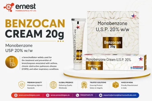 Product DescriptionBenzocan Cream contains Monobenzone USP 20% w/w, a depigmenting agent widely used for the treatment of vitiligo and other skin conditions involving uneven pigmentation. It works by permanently lightening the skin in areas affected by discoloration, leading to a more uniform skin tone. This cream is effective in reducing hyperpigmentation by decreasing melanin production in the skin. Buy Benzocan Cream online or order Benzocan Cream in bulk from a reliable and trusted source.DosageBenzocan Cream should be applied externally as prescribed by your dermatologist. A thin layer is usually applied to the affected area 2–3 times daily. The dosage and duration may vary depending on the severity of pigmentation and the patient’s skin type. For accurate usage instructions and to buy Benzocan Cream online, consult your doctor.PrecautionsSkin Sensitivity: Avoid contact with eyes, mucous membranes, and open wounds.Sun Exposure: Use sunscreen and protective clothing, as treated skin becomes highly sensitive to sunlight.Children/Elderly: Use cautiously under medical supervision.Pregnancy/Breastfeeding: Consult your doctor before use during pregnancy or while nursing.Other Creams: Inform your doctor if you are using any other topical medications.Side EffectsSome possible side effects of Benzocan Cream may include:RednessBurning or stinging sensationDryness or peeling of skinAllergic reactions (rare)WarningDo not exceed the prescribed usage. Overuse may lead to excessive skin irritation or uneven depigmentation. Always follow your dermatologist’s advice when you buy Benzocan Cream online or order Benzocan Cream in bulk.FAQ1. How long does Benzocan Cream take to show results?Results vary, but noticeable depigmentation may take several weeks to months of consistent use.2. Can Benzocan Cream be used for melasma or freckles?No, it is specifically intended for vitiligo and severe pigmentation issues, not for cosmetic lightening.3. How should I store Benzocan Cream?Store in a cool, dry place away from direct sunlight. Keep out of reach of children.4. Is Benzocan Cream safe for long-term use?It may be prescribed for extended periods under dermatological supervision. Avoid self-medication.Buy Benzocan Cream online from us, as we are a bulk supplier of Benzocan Cream. You can also order Benzocan Cream in bulk directly. For more details regarding the third party exporter of Benzocan Cream, contact us today!