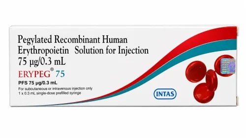 DescriptionErypeg 75mcg Injection is a medicine used in the treatment of anemia due to chronic kidney disease and cancer chemotherapy. It works by stimulating the stem cells of the bone marrow to increase red blood cell production. At the same time, it acts on red blood cells to protect them against destruction. BenefitsIn Treatment of Anemia due to chronic kidney diseaseAnemia is a condition where your body does not have enough red blood cells to carry oxygen around your body. Chronic kidney disease (CKD) refers to the loss of normal kidney function over a long span of time. CKD progresses gradually over a few years but may become permanent if left untreated. CKD can lead to anemia. Erypeg 75mcg Injection can boost your levels of red blood cells and reduce the symptoms of anemia such as tiredness and weakness. Taking this injection improves the quality of life.In Treatment of Anemia due to cancer chemotherapyLow red blood cell count is termed as anemia. Cancer treatment with chemotherapy often causes many side effects, one of the major ones being anemia. Erypeg 75mcg Injection stimulates the production of red blood cells in bone marrow and regulates the haemoglobin in the blood. This treats anemia in cancer patients receiving chemotherapy. How to UseYour doctor or nurse will give you this medicine. Kindly do not self administer.Side EffectsMost side effects do not require any medical attention and disappear as your body adjusts to the medicine. Consult your doctor if they persist or if you’re worried about themCommon side effects of ErypegNauseaVomitingDiarrheaFever
