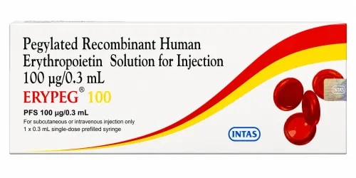 DescriptionErypeg 100mcg Injection is a medicine used in the treatment of anemia due to chronic kidney disease and cancer chemotherapy. It works by stimulating the stem cells of the bone marrow to increase red blood cell production. At the same time, it acts on red blood cells to protect them against destruction. BenefitsIn Treatment of Anemia due to chronic kidney diseaseAnemia is a condition where your body does not have enough red blood cells to carry oxygen around your body. Chronic kidney disease (CKD) refers to the loss of normal kidney function over a long span of time. CKD progresses gradually over a few years but may become permanent if left untreated. CKD can lead to anemia. Erypeg 100mcg Injection can boost your levels of red blood cells and reduce the symptoms of anemia such as tiredness and weakness. Taking this injection improves the quality of life.In Treatment of Anemia due to cancer chemotherapyLow red blood cell count is termed as anemia. Cancer treatment with chemotherapy often causes many side effects, one of the major ones being anemia. Erypeg 100mcg Injection stimulates the production of red blood cells in bone marrow and regulates the haemoglobin in the blood. This treats anemia in cancer patients receiving chemotherapy. How to UseYour doctor or nurse will give you this medicine. Kindly do not self administer. Side EffectsMost side effects do not require any medical attention and disappear as your body adjusts to the medicine. Consult your doctor if they persist or if you’re worried about themCommon side effects of ErypegNauseaVomitingDiarrheaFever