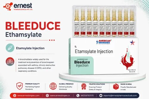 BLEEDUCE Injection – EthamsylateDescriptionBleeduce Injection contains Ethamsylate, a haemostatic medicine used to help control and reduce bleeding. Ethamsylate acts mainly by improving platelet adhesion and strengthening capillary resistance, which can help reduce bleeding from small blood vessels.It may be used in certain surgical, medical, or gynecological bleeding situations, depending on the patient's condition and the prescribing physician's assessment.DosageThe dose of Bleeduce (Ethamsylate) Injection should be determined by a healthcare professional based on:Cause and severity of bleedingPatient's age and clinical conditionRoute of administrationResponse to treatmentEthamsylate injection may be administered intravenously (IV) or intramuscularly (IM) depending on the specific product labeling and medical requirements. It should not be self-administered.PrecautionsInform the doctor about any previous allergy to ethamsylate or other ingredients in the injection.Tell the physician about other medicines being taken, particularly medicines affecting blood clotting.Patients with significant kidney or liver problems should inform their healthcare provider.Pregnancy and breastfeeding require medical assessment before treatment.The underlying cause of abnormal or persistent bleeding should be properly evaluated.Use only under professional medical supervision.Side EffectsPossible side effects of ethamsylate may include:NauseaHeadacheSkin rashStomach discomfortTemporary decrease in blood pressureFeverInjection-site discomfortSerious hypersensitivity reactions are uncommon but require immediate medical attention.WarningBleeduce Injection should only be administered under medical supervision. It should not be used as a substitute for proper diagnosis and treatment of the underlying cause of bleeding.Seek immediate medical attention if severe allergic reactions, breathing difficulty, facial swelling, persistent dizziness, or worsening bleeding occurs.FAQ1. What is Bleeduce Injection used for?It is an ethamsylate-containing haemostatic medicine used to help control or reduce certain types of bleeding.2. How does Ethamsylate work?It supports haemostasis by improving platelet adhesion and capillary stability, helping reduce bleeding from small blood vessels.3. How is Bleeduce Injection administered?Depending on the approved formulation, ethamsylate injection may be administered intravenously or intramuscularly by a healthcare professional.4. What are the common side effects?Possible effects include nausea, headache, skin rash, stomach discomfort, fever, and injection-site reactions.5. Can Bleeduce Injection be self-administered?No. Injectable ethamsylate should be administered under appropriate medical supervision.6. Can Ethamsylate stop every type of bleeding?No. Bleeding can have many causes, and ethamsylate is not appropriate for every situation. The underlying cause should be evaluated by a healthcare professional.