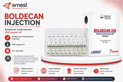 Boldecan 250 Injection – Boldenone UndecylenateDescriptionBoldecan 250 Injection contains Boldenone Undecylenate, a long-acting anabolic-androgenic steroid (AAS). Boldenone undecylenate has anabolic and androgenic activity and has historically been associated primarily with veterinary use in some jurisdictions.It is important not to present Boldecan 250 as an approved human therapeutic injection unless the specific product's regulatory authorization supports that claim. Boldenone is also a prohibited substance in competitive sport under anti-doping rules.DosageThere is no generally accepted human therapeutic dosage that should be recommended for Boldenone Undecylenate based solely on the product name.For veterinary products, dosage depends on the animal species, body weight, indication, product concentration, and veterinary prescribing information. It should be administered only according to the directions of a qualified veterinarian and the approved product label.PrecautionsUse only for the species and indications authorized on the product label.Do not use in animals with known hypersensitivity to the active ingredient or excipients.Liver, kidney, cardiovascular, and reproductive conditions should be considered before use.Concurrent medicines should be disclosed to the veterinarian.Observe applicable withdrawal periods for food-producing animals where relevant.Keep the injection away from children and unauthorized users.Side EffectsPotential adverse effects associated with anabolic-androgenic steroids can include:Increased androgenic activityBehavioral changesChanges in reproductive functionFluid retentionAlterations in liver functionChanges in lipid metabolismInjection-site reactionsThe actual adverse-effect profile depends on the species, dose, duration of exposure, and specific formulation.WarningBoldenone Undecylenate should not be promoted for bodybuilding, performance enhancement, or unsupervised human use.FAQ1. What does Boldecan 250 contain?It contains Boldenone Undecylenate. The complete concentration should be verified from the product label.2. What type of medicine is Boldenone Undecylenate?It is a long-acting anabolic-androgenic steroid.3. Is Boldenone Undecylenate approved for bodybuilding?No. It should not be presented or used as an approved bodybuilding or performance-enhancing medicine.4. Is Boldecan 250 a human medicine?The product name alone does not establish human approval. Boldenone preparations have primarily been associated with veterinary use, and regulatory status varies by country.5. Can Boldenone cause side effects?Yes. Anabolic steroids can produce androgenic, cardiovascular, hepatic, endocrine, reproductive, and other adverse effects.6. Is Boldenone permitted in competitive sports?No. Boldenone is classified as a prohibited anabolic agent under anti-doping rules.