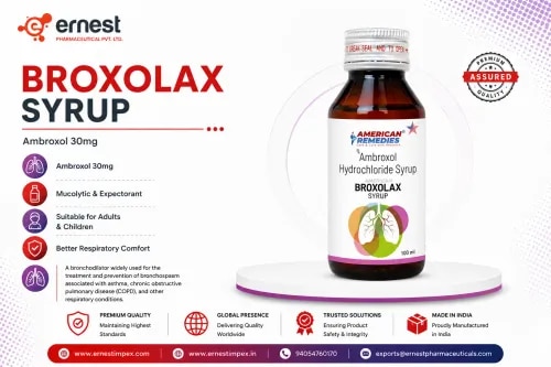 BROXOLAX Syrup – Ambroxol HydrochlorideDescriptionBroxolax Syrup contains Ambroxol Hydrochloride, a mucolytic medicine used to help manage respiratory conditions associated with thick or excessive mucus.Ambroxol works by making respiratory secretions thinner and less sticky, which can make mucus easier to clear from the airways. It is commonly used for productive cough and respiratory conditions where mucus clearance is required.DosageThe dosage of Broxolax Syrup depends on the strength of the formulation, patient's age, medical condition, and physician's recommendation.The syrup should be measured using an appropriate measuring cup or spoon. Patients should not exceed the recommended dose.Important: The exact mg/5 mL strength is required before providing a product-specific dosage schedule.PrecautionsInform the doctor about any allergy to Ambroxol Hydrochloride.Use cautiously in patients with significant liver or kidney impairment.Patients with a history of gastric or peptic ulcers should seek medical advice.Consult a healthcare professional before use during pregnancy or breastfeeding.Tell the doctor about other cough or respiratory medicines being used.Adequate fluid intake may help support mucus clearance.Side EffectsPossible side effects include:NauseaVomitingDiarrheaStomach discomfortDry mouth or throatAltered taste sensationSkin rash or itchingRarely, serious allergic or severe skin reactions can occur.WarningStop using the medicine and seek medical attention if severe rash, blistering or peeling skin, facial swelling, or breathing difficulty develops.FAQ1. What is Broxolax Syrup used for?It is used to help loosen thick mucus and improve its clearance from the respiratory tract.2. What does Broxolax Syrup contain?It contains Ambroxol Hydrochloride. The exact concentration should be confirmed from the product packaging.3. How does Ambroxol work?Ambroxol reduces the viscosity of mucus, making respiratory secretions easier to clear.4. Is Broxolax useful for a productive cough?Ambroxol is commonly used when a cough is associated with thick mucus or phlegm.5. What are the common side effects?Nausea, stomach discomfort, diarrhea, dry mouth, and altered taste may occur.6. Can children take Broxolax Syrup?Ambroxol formulations may be available for pediatric use in some markets, but the appropriate dose depends on the child's age and the syrup's concentration. It should be used according to the product label or medical advice.