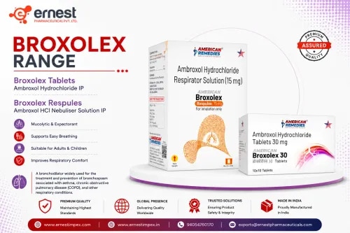 Product DescriptionBroxolex 30 Tablets contain Ambroxol Hydrochloride IP, a potent mucolytic agent used in the treatment of respiratory tract disorders associated with excessive mucus. It works by thinning and loosening mucus in the airways, clearing congestion and making breathing easier. Ideal for individuals suffering from chronic or acute bronchitis, COPD and other related lung conditions, buy Broxolex 30 tablets in bulk as it helps in better mucus clearance and improved lung function.Broxolex Respules: Product DescriptionBroxolex Respules contain Ambroxol HCl Nebuliser Solution IP, widely used in the management of respiratory conditions such as asthma, bronchitis, COPD, and other lung disorders associated with excessive mucus production. Ambroxol works as a mucolytic agent, helping to thin and loosen mucus in the airways, making it easier to cough out and breathe comfortably. It also improves lung function and provides relief from chest congestion. Buy Broxolex Respules online or order Broxolex Respules in bulk from a trusted source for assured quality and availability.Dosage:Consume as directed by the medical expert. Do not exceed the recommended dose.Precautions:Avoid self-medication without consulting the medical expert.Not suitable for children under 6 years unless prescribed.Use with caution in patients with a history of ulcers or respiratory disorders.Driving:Broxolex 30 Tablets usually do not affect your ability to drive. However, if you feel dizzy or drowsy, avoid operating heavy machinery.Alcohol:Alcohol consumption should be avoided as it may increase the risk of side effects and reduce the effectiveness of the medicine.Kidney:Use with caution in patients with kidney disorders. Dose adjustment may be required. Consult the medical expert for more information.Pregnancy:Broxolex 30 Tablets should be used during pregnancy only if clearly needed and prescribed by a doctor. Liver:Patients with liver conditions should take Broxolex 30 Tablets with caution. Regular monitoring or dose adjustment may be necessary.Side Effects:Common side effects may include:NauseaVomitingDry mouth or throatStomach discomfortAllergic reactions such as rash or itching (rare)Seek immediate medical attention if you experience serious allergic reactions like swelling, severe dizziness, or breathing difficulties.Warning:Do not take Broxolex 30 Tablets without a doctor’s consultation, especially if you are already on medication for asthma or chronic respiratory conditions. Long-term use should be under medical supervision.FAQs:What are Broxolex 30 Tablets used for?Broxolex 30 Tablets are used to treat respiratory conditions with thick mucus, such as bronchitis, asthma and COPD, by thinning the mucus and easing expectoration.Can I take Broxolex 30 Tablets with other cough medicines?You should consult your doctor before combining Broxolex with other medications, especially those that suppress coughing.Is Broxolex 30 safe for long-term use?Long-term use should be monitored by a healthcare expert. It's typically recommended for short to medium-term relief unless prescribed otherwise.Get connected to the trusted bulk supplier of Broxolex 30 Tablets. Whether you're looking to order Broxolex 30 Tablets online or bulk supplier of Broxolex 30 tablets, contact us today for third part exporter of Broxolex 30 tablets.  