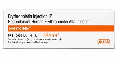 DescriptionErykine 10000IU Injection is a medicine that helps your bone marrow to produce more red blood cells. It is used to treat a type of anemia caused by kidney disease. It is also used to treat anemia caused by cancer chemotherapy and by taking medicines to treat HIV. BenefitsIn Treatment of Anemia due to chronic kidney diseaseErykine 10000IU Injection is a man-made protein that helps your bone marrow to produce more red blood cells. It is used to treat anemia which is caused by kidney disease in adults and children who are on dialysis. Anemia is a condition where your body does not have enough red blood cells to carry oxygen around your body. This medicine helps reduce weakness and tiredness that you may be experiencing due to anemia. The injection is usually given by a doctor after a dialysis treatment.In Treatment of Anemia due to cancer chemotherapyAnemia is a condition where your body does not have enough red blood cells to carry oxygen around your body. Erykine 10000IU Injection is a man-made protein that works by stimulating the bone marrow (soft tissue inside the bones) to produce more red blood cells. The natural human form of this protein may be reduced when you are having chemotherapy to treat some types of cancer. An injection of the medicine can reduce the need to have a blood transfusion. You may also be given iron supplements to make the treatment more effective. How to UseYour doctor or nurse will give you this medicine. Kindly do not self administer.Side EffectsMost side effects do not require any medical attention and disappear as your body adjusts to the medicine. Consult your doctor if they persist or if you’re worried about themCommon side effects of ErykineHigh blood pressureNauseaVomitingFeverRashJoint painHeadacheInsomnia (difficulty in sleeping)ChillsCoughBone painMuscle spasmDizzinessVascular occlusionInjection site irritationStomatitis (Inflammation of the mouth)Weight lossDecreased white blood cell count (lymphocytes)Increased glucose level in bloodBlood clot in the blood vessels
