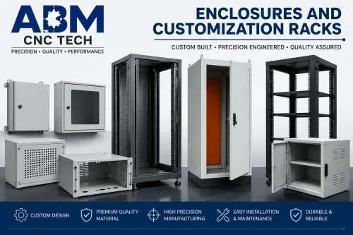 # Enclosures and Customization Racks – ABM CNC TECHABM CNC TECH manufactures **customized enclosures and racks** designed to provide secure, organized, and reliable housing for electrical, electronic, industrial, and automation equipment. Our enclosures and racks are developed according to customer-specific dimensions, layouts, mounting requirements, and application needs.We manufacture precision-fabricated solutions with accurate cutting, bending, drilling, and assembly to achieve proper fit, durability, and ease of installation. Our customized racks and enclosures can be designed with suitable access openings, mounting provisions, ventilation, cable-entry arrangements, and other application-specific features.With a focus on precision, quality, and functional design, ABM CNC TECH provides dependable enclosure and rack solutions suitable for industrial machinery, control panels, automation systems, electrical equipment, and customized engineering applications.