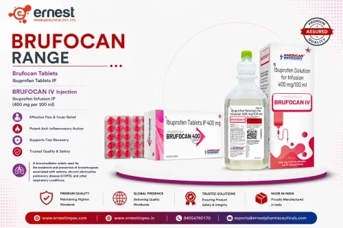 Product Description: BRUFOCAN IV injection BRUFOCAN IV used to relieve pain, reduce inflamation and reduce fever.Product Description: Brufocan 400 TabletsProduct DescriptionBrufocan 400 Tablets contain Ibuprofen Tablets IP, a widely used nonsteroidal anti-inflammatory drug (NSAID) known for its powerful analgesic, anti-inflammatory and antipyretic properties. It is commonly used to relieve mild to moderate pain, inflammation and fever associated with conditions such as arthritis, muscle pain, headache, backache, dental pain and menstrual cramps. As a trusted bulk supplier of Brufocan 400 Tablets, we ensure to provide high-quality medicines that meets market demands. Dosage:Take this tablet as prescribed by your doctor. Avoid exceeding dosage or taking two doses in shorter duration. Precautions:Take Brufocan 400 Tablets with food or milk to avoid stomach upset.Avoid prolonged use unless directed by the expert.Not recommended for children under 12 years unless prescribed.Driving:Ibuprofen generally does not affect your ability to drive. However, if you feel dizzy, drowsy, or experience blurred vision, avoid driving or operating machinery.Alcohol:Avoid alcohol while taking Brufocan 400 Tablets, as it may increase the risk of gastrointestinal bleeding and liver damage.Kidney:Use with caution in patients with kidney impairment. Regular monitoring and dose adjustments may be required. Consult the expert before taking this medicine.Pregnancy:Brufocan 400 Tablets should be avoided during the third trimester of pregnancy. Use during early pregnancy only if clearly needed and prescribed by doctor. Liver:Patients with liver conditions should take Brufocan 400 Tablets under strict medical supervision. Dose adjustments may be necessary. Side Effects:Common side effects may include:Stomach painNauseaIndigestionHeartburnDizzinessRare but serious side effects include gastrointestinal bleeding, allergic reactions, and liver or kidney issues. Discontinue use and seek medical help if any serious symptoms occur.Warning:Prolonged or excessive use of Ibuprofen may increase the risk of cardiovascular issues, stroke and gastrointestinal problems. Always use the lowest effective dose for the shortest duration possible.FAQs:What is Brufocan 400 used for?Brufocan 400 Tablets are used to relieve pain, inflammation and fever caused by headaches, arthritis, toothaches, back pain and menstrual cramps.Can I take Brufocan 400 Tablets on an empty stomach?It is advisable to take Brufocan 400 with food or milk to reduce the risk of stomach upset or irritation.Is Brufocan 400 safe for long-term use?Long-term use should be monitored by the expert. Continuous or high-dose use may lead to serious complications.How can I buy Brufocan 400 Tablets online in bulk?You can order Brufocan 400 Tablets in bulk or buy Brufocan 400 Tablets online through our trusted supply chain. We are the leading bulk supplier of Brufocan 400 Tablets with proven expertise in third party manufacturing and exports. If you're looking to buy Brufocan 400 Tablets online, order Brufocan 400 Tablets in bulk by contacting us today.
