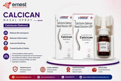 Product DescriptionCalcican Nasal Spray contains Calcitonin (Salmon) Nasal Spray, widely used for the treatment of osteoporosis in postmenopausal women, as well as certain bone disorders such as Paget’s disease and hypercalcemia. This medicine works by regulating calcium levels in the body and slowing down bone breakdown, thereby improving bone strength. Buy Calcican Nasal Spray online or order Calcican Nasal Spray in bulk from a reliable source.DosageCalcican Nasal Spray should be administered intranasally, exactly as prescribed by your doctor. The dosage may vary depending on the patient’s condition, age, and overall health status. Always follow your doctor’s instructions when using this medicine. For accurate guidance and to buy Calcican Nasal Spray online, consult your doctor.PrecautionsDriving: Usually safe, but consult your doctor if you feel dizzy or fatigued.Alcohol: Avoid alcohol as it may interfere with the medicine’s effectiveness.Kidney: Use cautiously if you have kidney disease; dose adjustments may be needed.Pregnancy/Breastfeeding: Consult your doctor before use during pregnancy or while breastfeeding.Allergies: Not recommended for patients allergic to salmon or other fish proteins.Side EffectsSome common side effects of Calcican Nasal Spray may include:Nasal irritation or drynessRunny nose or congestionHeadacheNauseaDizzinessSeek immediate medical advice if you experience severe allergic reactions or breathing difficulty.WarningDo not exceed the prescribed dose of Calcican Nasal Spray. Overuse may cause serious complications related to calcium imbalance. Always follow medical guidance when you buy Calcican Nasal Spray online or order Calcican Nasal Spray in bulk.FAQWhat is Calcican Nasal Spray used for?It is used to treat osteoporosis, Paget’s disease, and conditions caused by high calcium levels in the blood.Can Calcican Nasal Spray be used daily?Yes, but only as prescribed by your doctor. Do not self-medicate.How should I store Calcican Nasal Spray?Store in a refrigerator at 2°C–8°C. Do not freeze. Keep away from direct sunlight.Can I use Calcican Nasal Spray if I have allergies?Avoid if you are allergic to salmon or any ingredient in the spray. Consult your doctor before use.Buy Calcican Nasal Spray online from us as we are a bulk supplier of Calcican Nasal Spray. You can also connect with us to order Calcican Nasal Spray in bulk. For more information on the trusted third party exporter of Calcican Nasal Spray, contact us today.