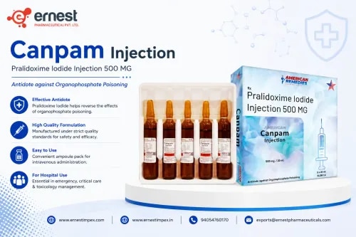 Product DescriptionCanpam Injection contains Pralidoxime Iodide Injection 500 mg, a life-saving antidote widely used in the treatment of poisoning caused by organophosphates (such as pesticides) and certain nerve agents. It works by reactivating cholinesterase, an enzyme essential for proper nerve and muscle function, thereby reversing the toxic effects of poisoning. Buy Canpam Injection online or Order Canpam Injection (Pralidoxime Iodide Injection 500 mg in bulk from India a trusted source.) Pralidoxime Iodide 500 mg injection manufacturer & DosagesCanpam Injection should be administered only by a medical professional via intravenous (IV) or intramuscular (IM) route. The dosage depends on the severity of poisoning, age, body weight, and medical condition of the patient. For accurate dosing instructions and safe use, always consult your doctor before you buy Pralidoxime Iodide 500 mg injection online.PrecautionsDriving: Avoid driving after treatment as the condition and injection may cause dizziness or blurred vision.Alcohol: Do not consume alcohol, as it may interfere with recovery.Kidney: Patients with kidney problems may require dose adjustment; use with caution.Pregnancy/Breastfeeding: Should be used only if clearly prescribed by a doctor.Liver: Administer cautiously in individuals with liver disease.Side EffectsSome possible side effects of Canpam Injection (Pralidoxime Iodide Injection 500 mg) include:Pain or swelling at the injection siteBlurred vision or dizzinessHeadacheNausea or vomitingRapid heartbeat (tachycardia)Muscle weakness (in rare cases)Pralidoxime Iodide 500 mg wholesale supplier & Third party Manufacturers from India has American Remedies at top.WarningThis medicine must not be self-administered. It is strictly for emergency use under medical supervision. Overdose or misuse can cause severe complications. Always follow your doctor’s advice when you buy Canpam Injection online or order Canpam Injection (Pralidoxime Iodide Injection 500 mg) in bulk.FAQWhat is Canpam Injection used for?It is used as an antidote to treat poisoning caused by organophosphates and nerve agents. American Remedies is one of the best Pralidoxime Iodide Injection 500 mg Bulk supplier to Nigeria.Can Canpam Injection be self-administered?No, it should only be given by a qualified healthcare professional.Is Canpam Injection safe during pregnancy?It should only be used if clearly prescribed in life-threatening emergencies.How should I store Canpam Injection (Pralidoxime Iodide Injection 500 mg)?Store in a cool, dry place, away from direct sunlight and moisture. Keep out of reach of children.Buy Canpam Injection online from us, as we are a bulk supplier of Canpam Injection. You can also order Canpam Injection in bulk by contacting the team or raising a request for third party exporter of Canpam Injection and reliable Pralidoxime Iodide Injection 500 mg online supplier today!There are many third party manufacturers in India but American Remedies is the largest Pralidoxime Iodide injection contract manufacturer in the world!