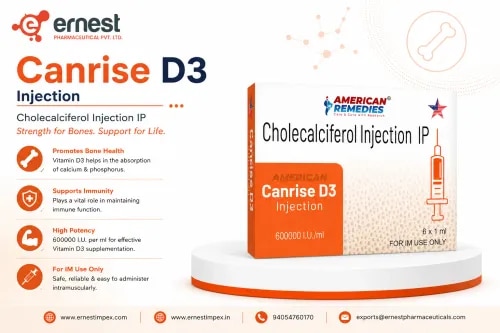 Product DescriptionCanrise D3 Injection contains Vitamin D3 Injection IP (600000 IU/ml), which is widely prescribed to treat Vitamin D deficiency and related conditions such as osteoporosis, rickets, weak bones, and low calcium levels. This injection works by improving calcium and phosphate absorption in the body, thereby supporting strong bones, teeth, and overall bone health. Buy Canrise D3 Injection online or order Canrise D3 Injection in bulk from a reliable and trusted source.DosageCanrise D3 Injection (Vitamin D3 600000 IU injection manufacturer) should be administered by a medical professional, usually through intramuscular injection. The dosage may vary depending on the severity of deficiency, age, body weight, and overall health status. For correct dosing and administration, always consult your doctor before you buy Canrise D3 Injection (Cholecalciferol injection bulk exporter online).PrecautionsDriving: Usually safe, but consult your doctor if you experience dizziness or fatigue.Alcohol: Avoid alcohol as it may interfere with Vitamin D absorption and bone health.Kidney: Use cautiously in individuals with kidney disease; dose adjustments may be required.Pregnancy/Breastfeeding: Consult your doctor before using during pregnancy or while breastfeeding.Liver: Should be used under medical supervision if you have liver-related conditions.Side EffectsSome common side effects of Canrise D3 Injection may include:Pain or swelling at the injection siteNausea or vomitingConstipationIncreased thirst or urinationHigh calcium levels in blood (hypercalcemia)Vitamin D3 600k IU injection Third Party Manufacturing & Contract Manufacturers from IndiaWarningDo not exceed the prescribed dose. Overuse of Vitamin D3 may lead to calcium imbalance, kidney damage, or other complications. Always follow your doctor’s guidance when you buy Canrise D3 Injection (Cholecalciferol injection 600k wholesale supplier online) or order Canrise Vitamin D3 Injection in bulk.FAQHow long should I take Canrise Vitamin D3 Injection?The duration depends on the severity of Vitamin D deficiency and your doctor’s recommendation. Do not stop treatment without medical advice. American Remedies is a leading Vitamin D3 Injection Bulk Supplier from India.Is Canrise D3 Injection safe for long-term use?Yes, when taken under medical supervision. Avoid self-medication and adhere to prescribed dosage.How should I store Canrise D3 Injection?Store in a cool, dry place away from direct sunlight and moisture. Keep out of reach of children. Vitamin D3 wholesale suppliers need bulk quantities to export them, we at American Remedies can cater any quantity of order due to our bulk manufacturing units.Can I take Canrise D3 Injection for bone pain?Yes, but only if prescribed by your doctor after confirming Vitamin D deficiency.Buy Canrise D3 Injection online from us, as we are a bulk supplier of Vitamin D3 Injections. You can also order Canrise D3 Injection in bulk directly. For more details on third party exporter of Vitamin D3 600000 IU injection manufacturer and Vitamin D3 Injections online supplier, connect with us today!